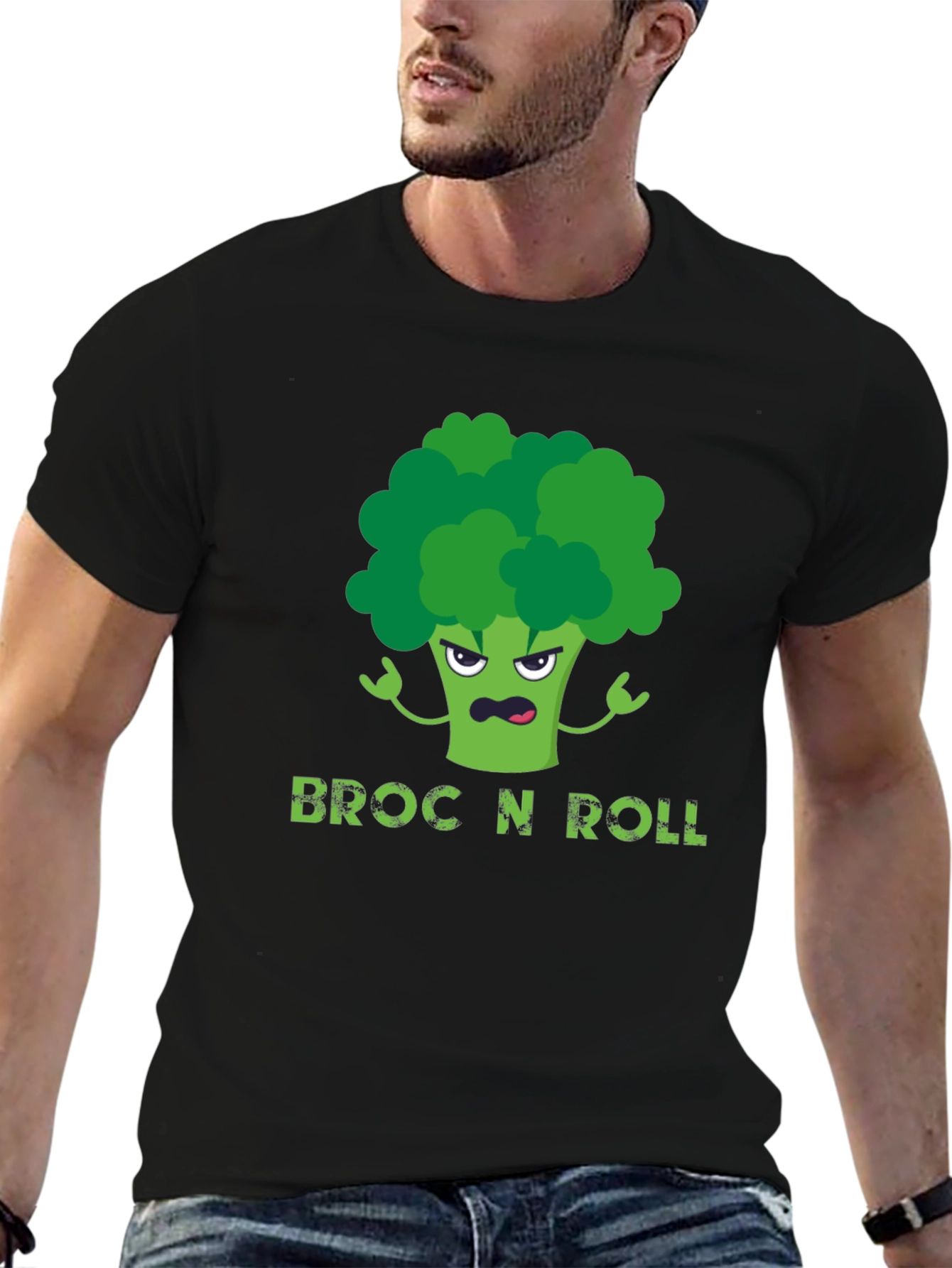 Black Broc N Roll T-Shirt - Funny Broccoli Graphic Tee view 6