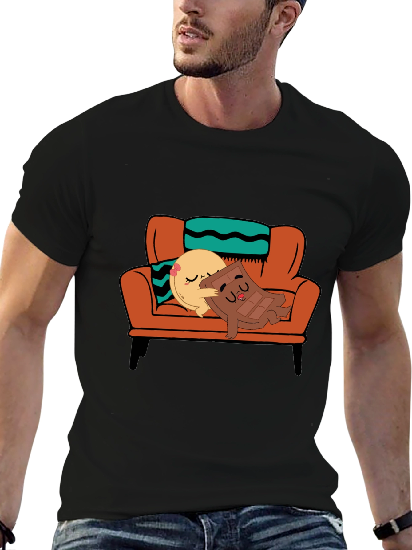 Black Cute Cartoon Foodie Relaxation T-Shirt view 6