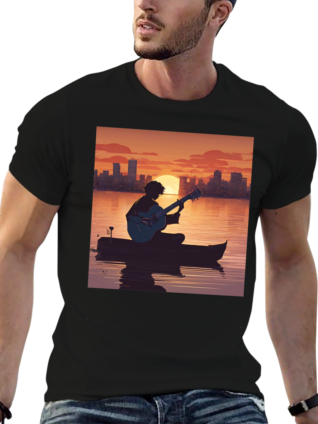 Black Sunset Guitarist T-Shirt - City Skyline Silhouette view 6