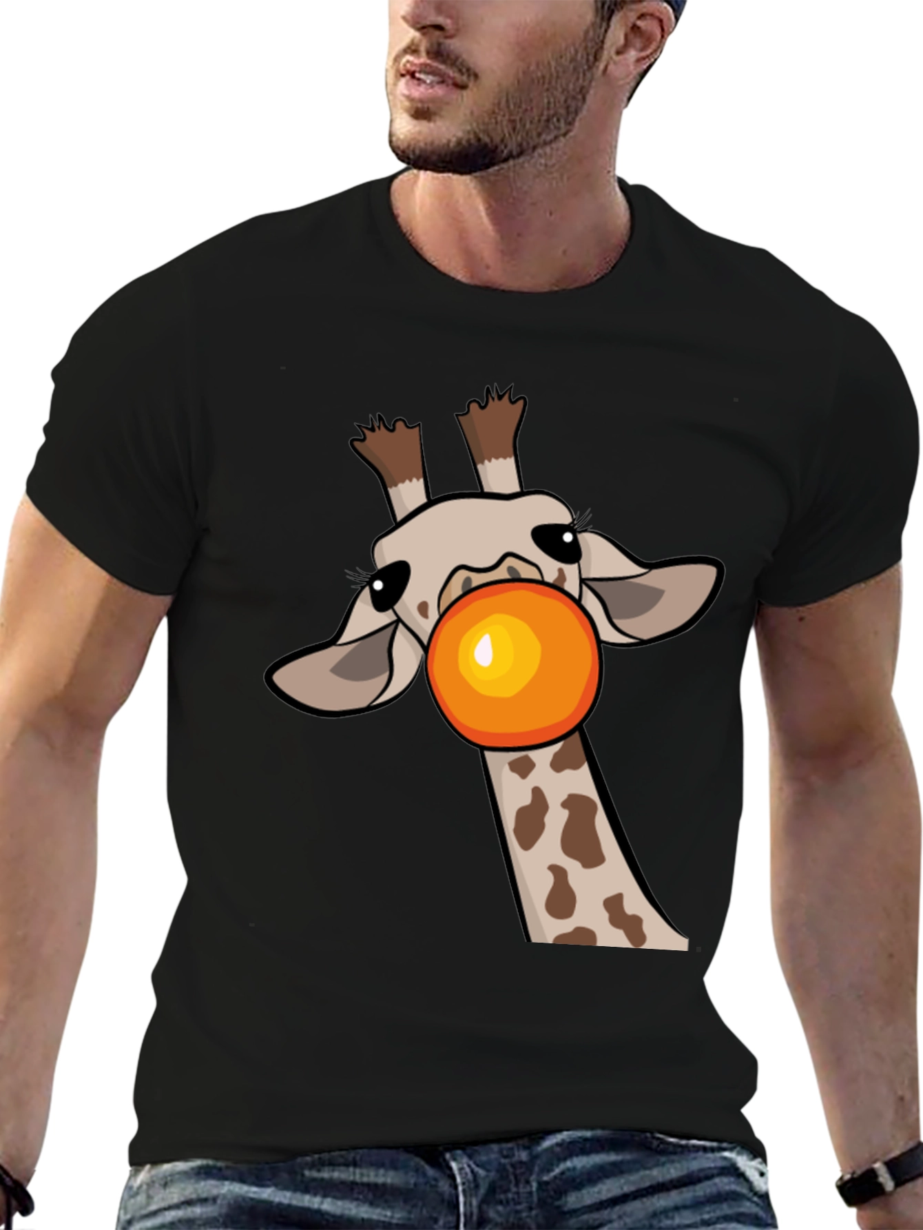 Black Giraffe Bubble Gum Pop Men's Black Graphic Tee view 6