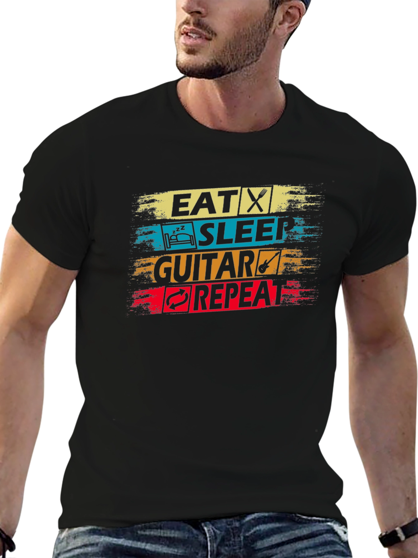 Black Eat Sleep Guitar Repeat Black T-Shirt view 6