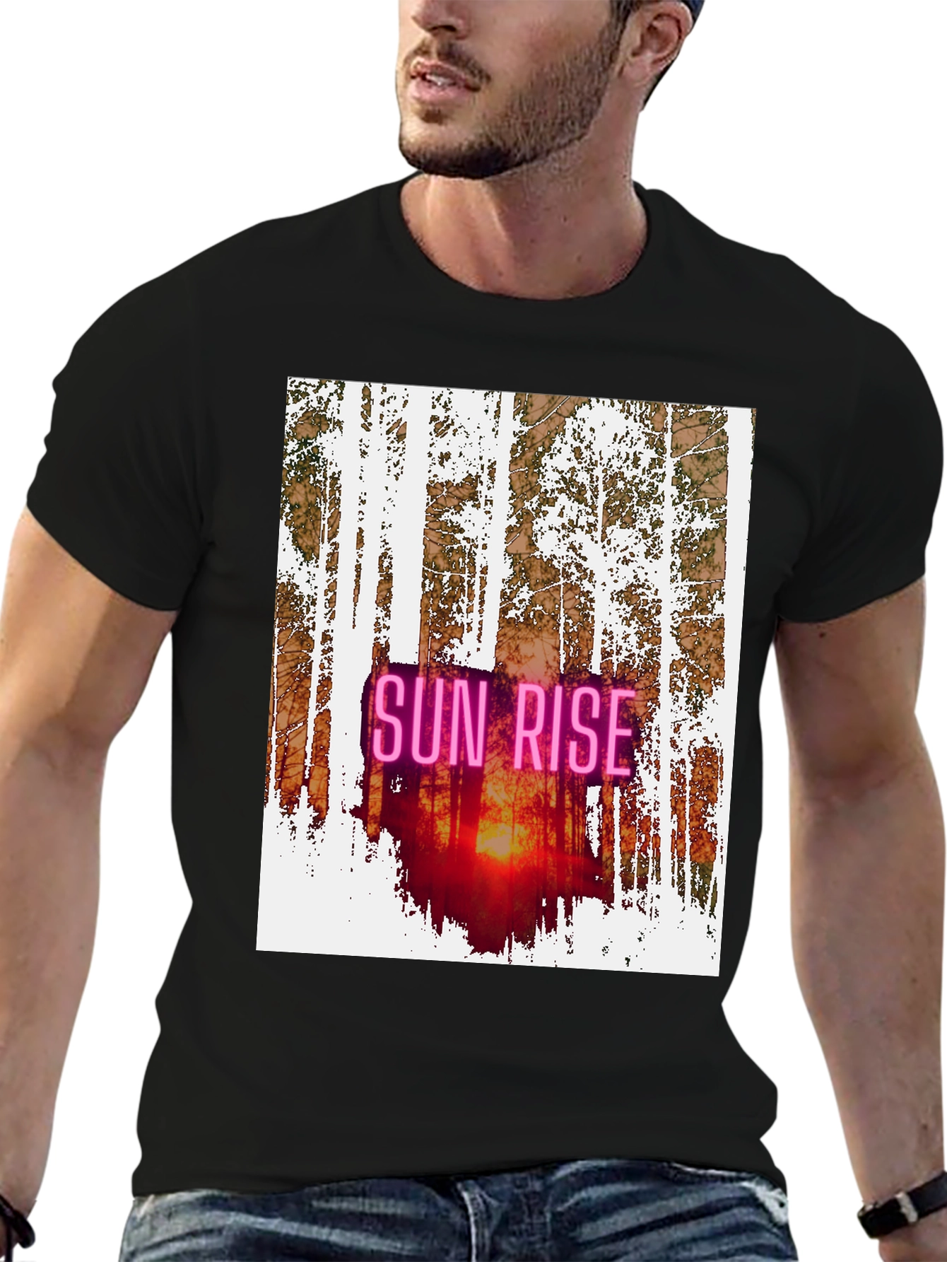 Black Sunrise Forest Graphic Tee - Nature Inspired Black T-Shirt view 6