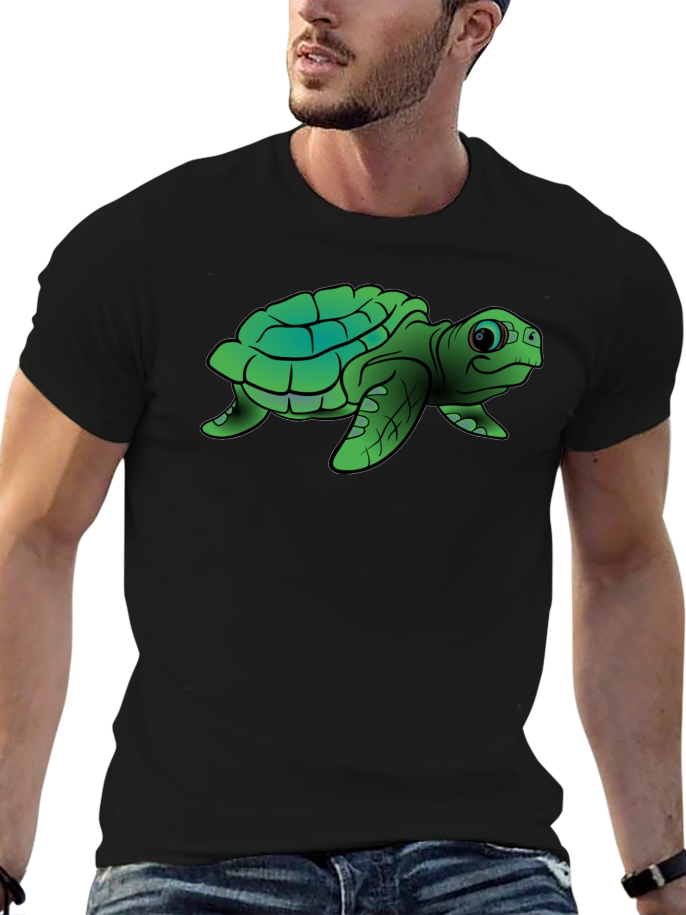 Black Cute Turtle Graphic Tee - Black Cotton T-Shirt view 6