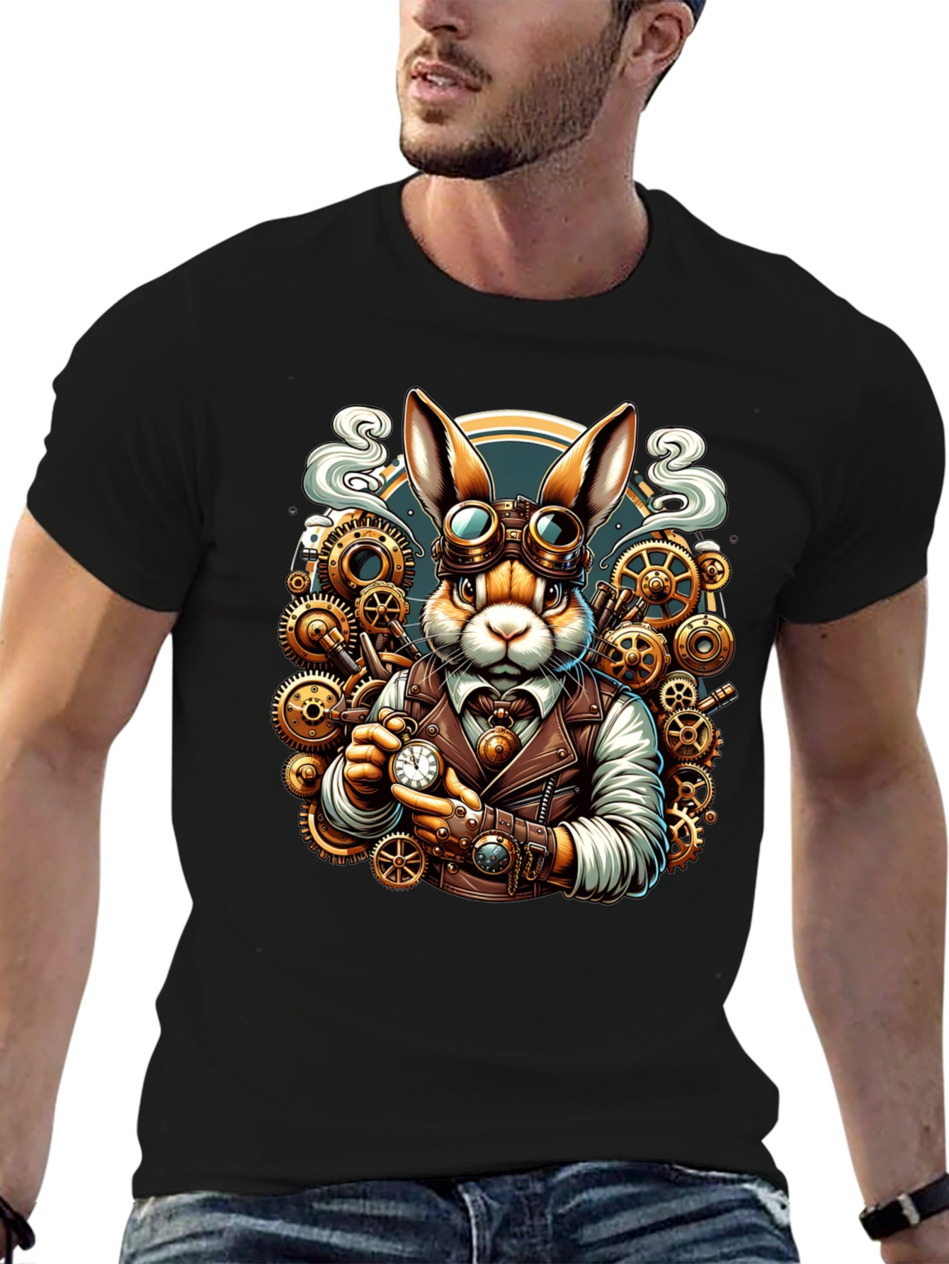 Black Steampunk Rabbit T-Shirt - Unique Design view 6