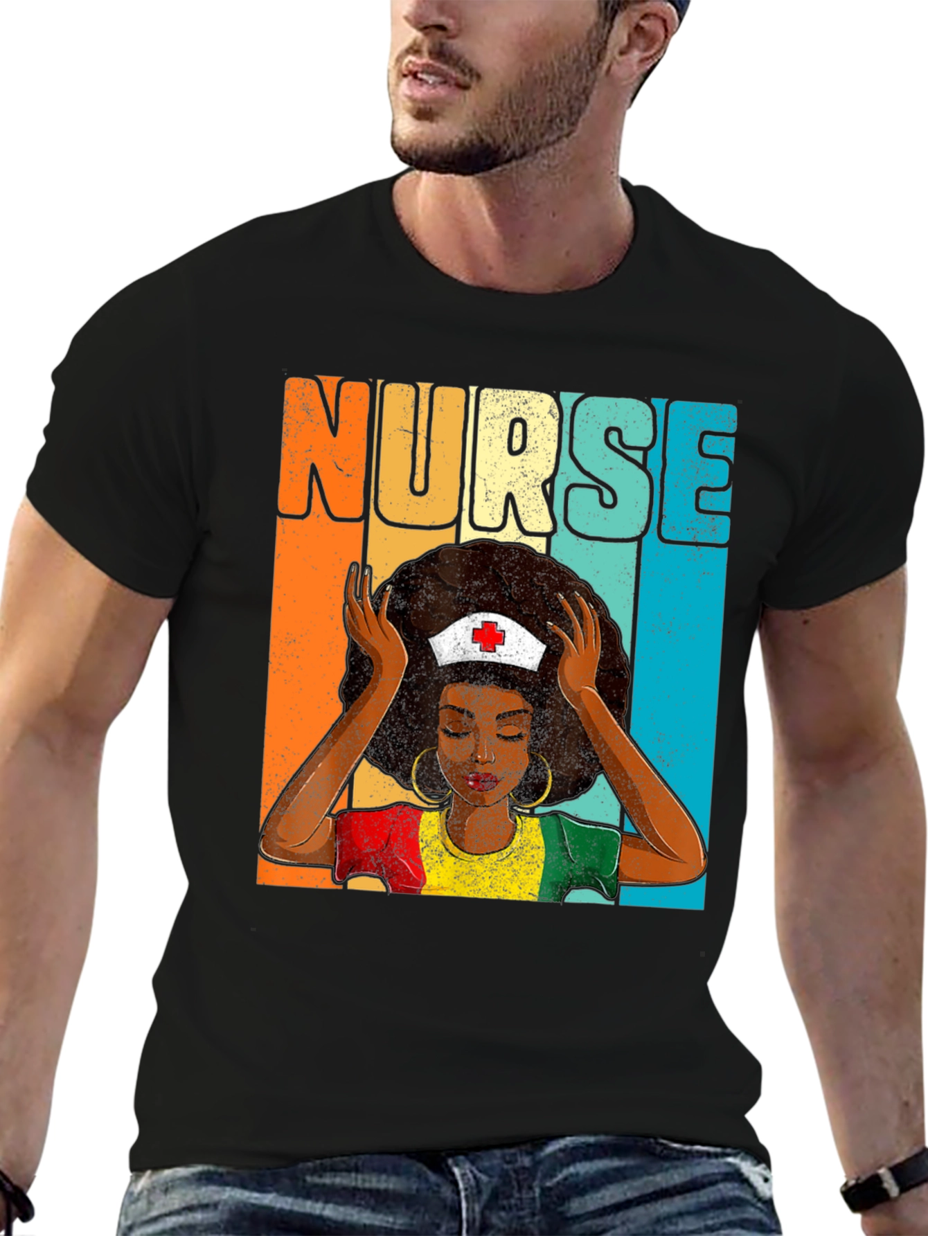 Black Retro Nurse Graphic Tee - Black Cotton T-Shirt view 6