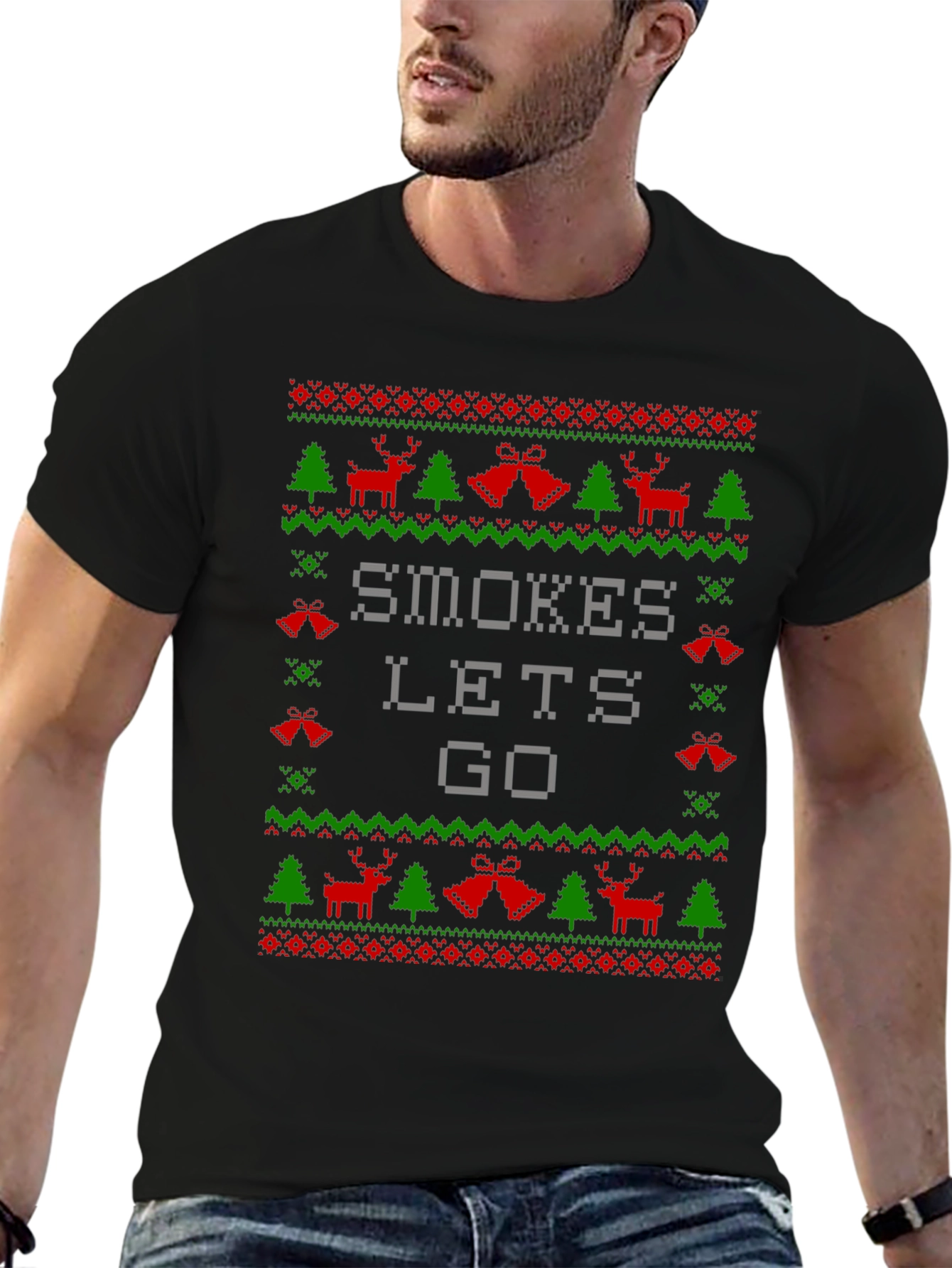 Black Smokes Let's Go Ugly Christmas Sweater T-Shirt view 6