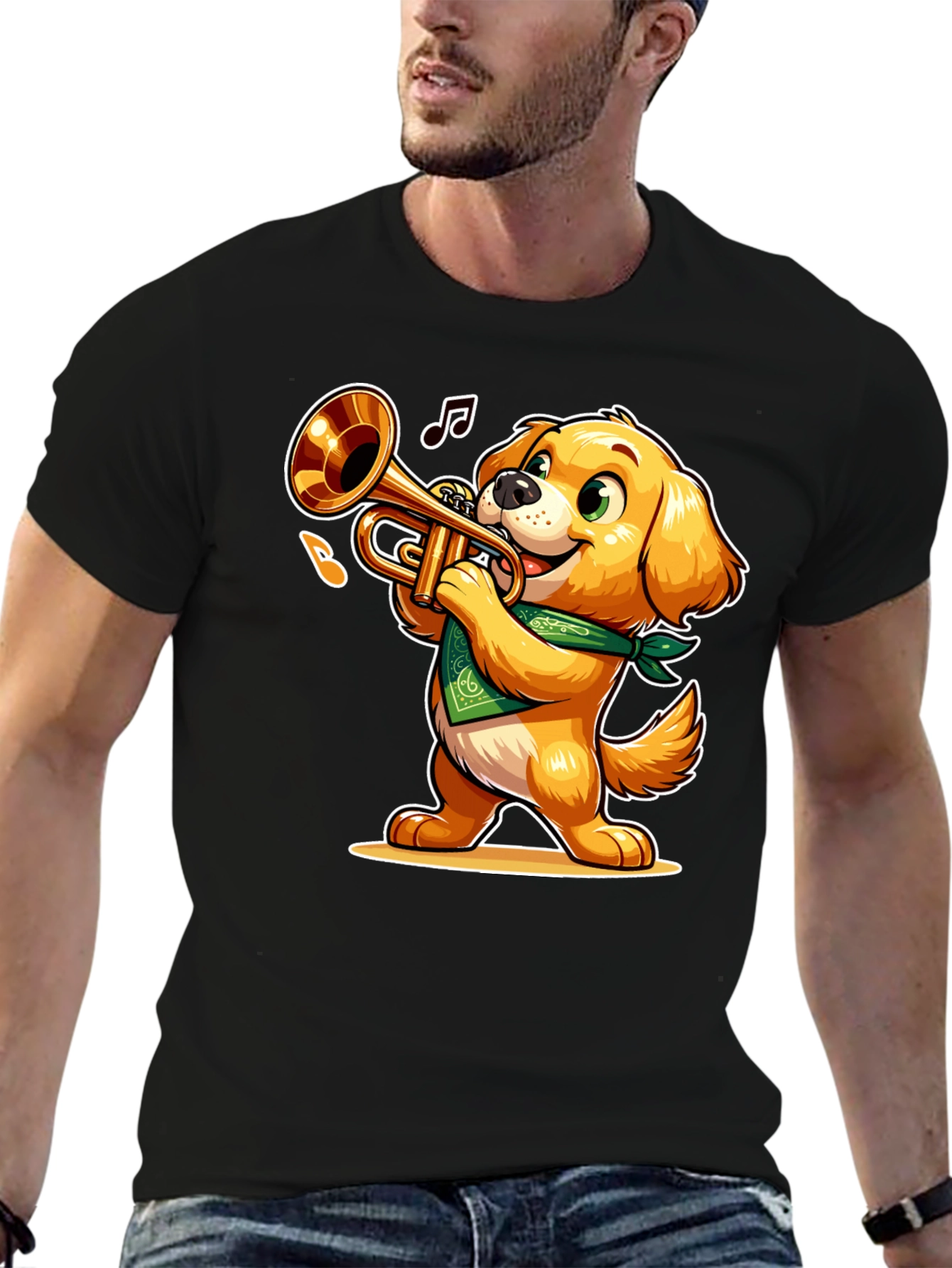 Black Dog Playing Trumpet T-Shirt - Fun Cartoon Design view 6