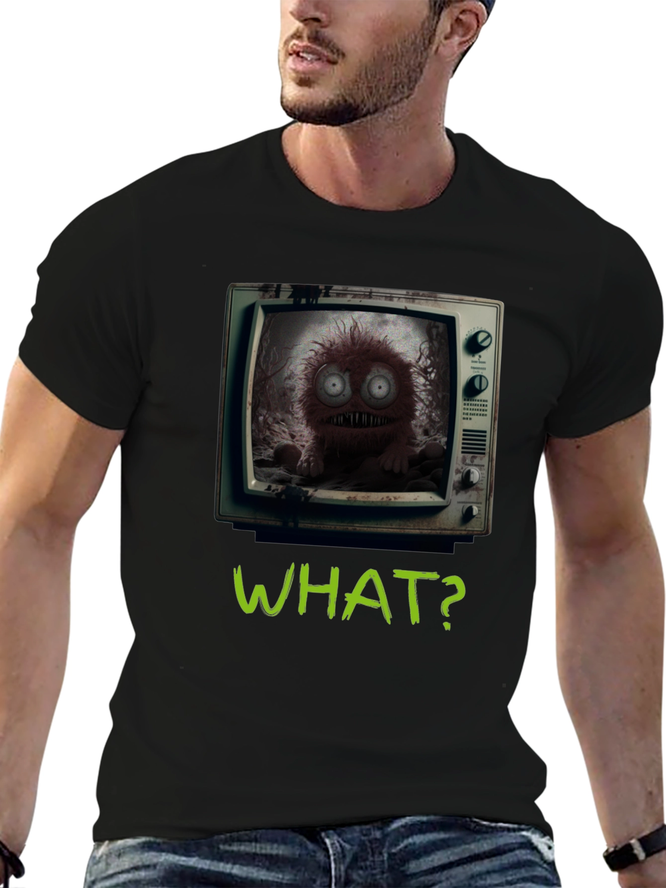 Black What? Monster TV Graphic Tee - Creepy Novelty T-Shirt view 6