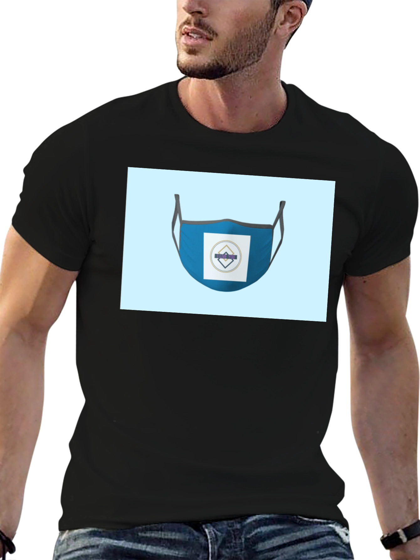 Black Stylish Blue Face Mask T-Shirt view 6