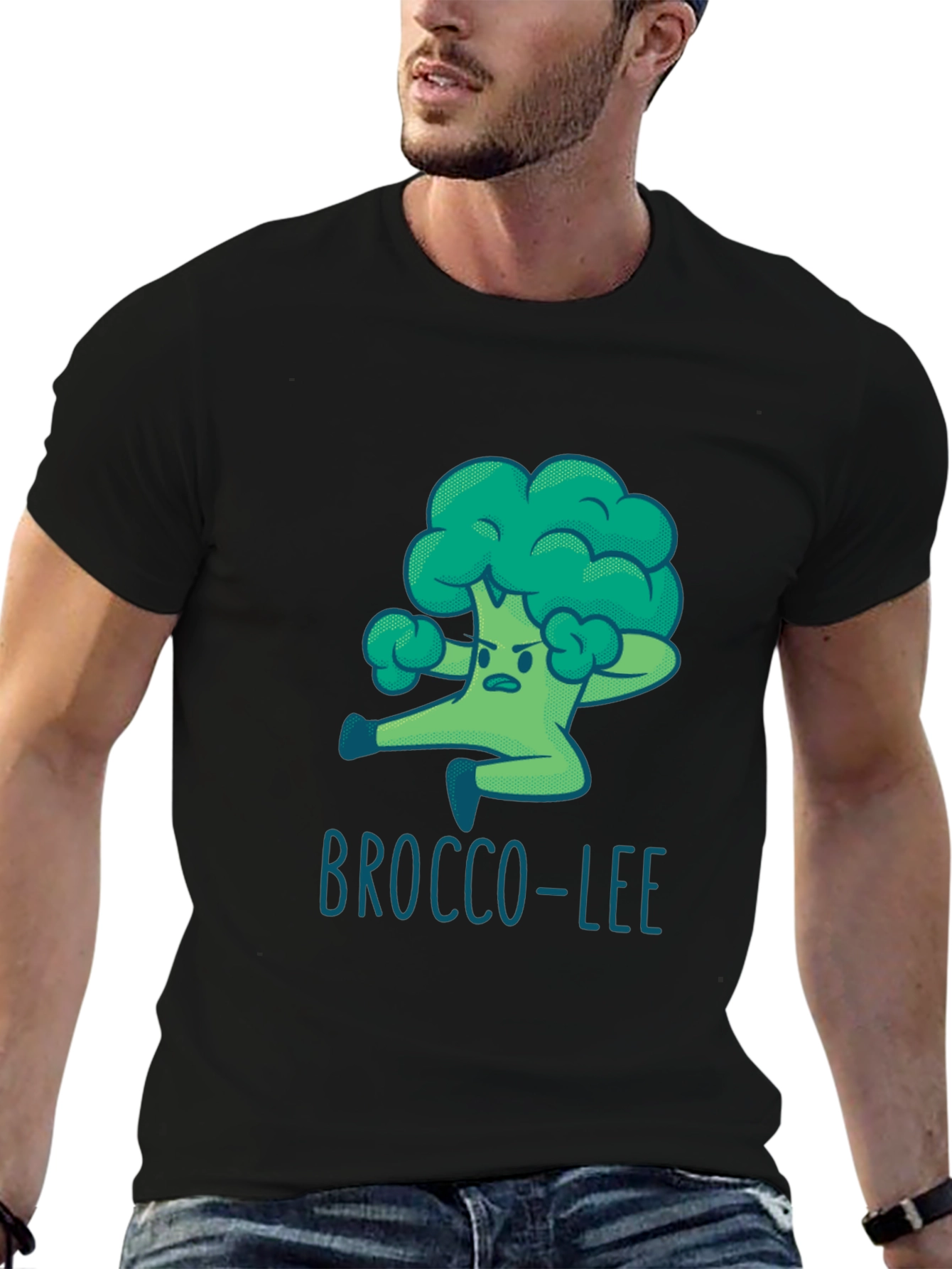 Black Brocco-Lee T-Shirt - Funny Cartoon Broccoli Martial Arts Tee view 6