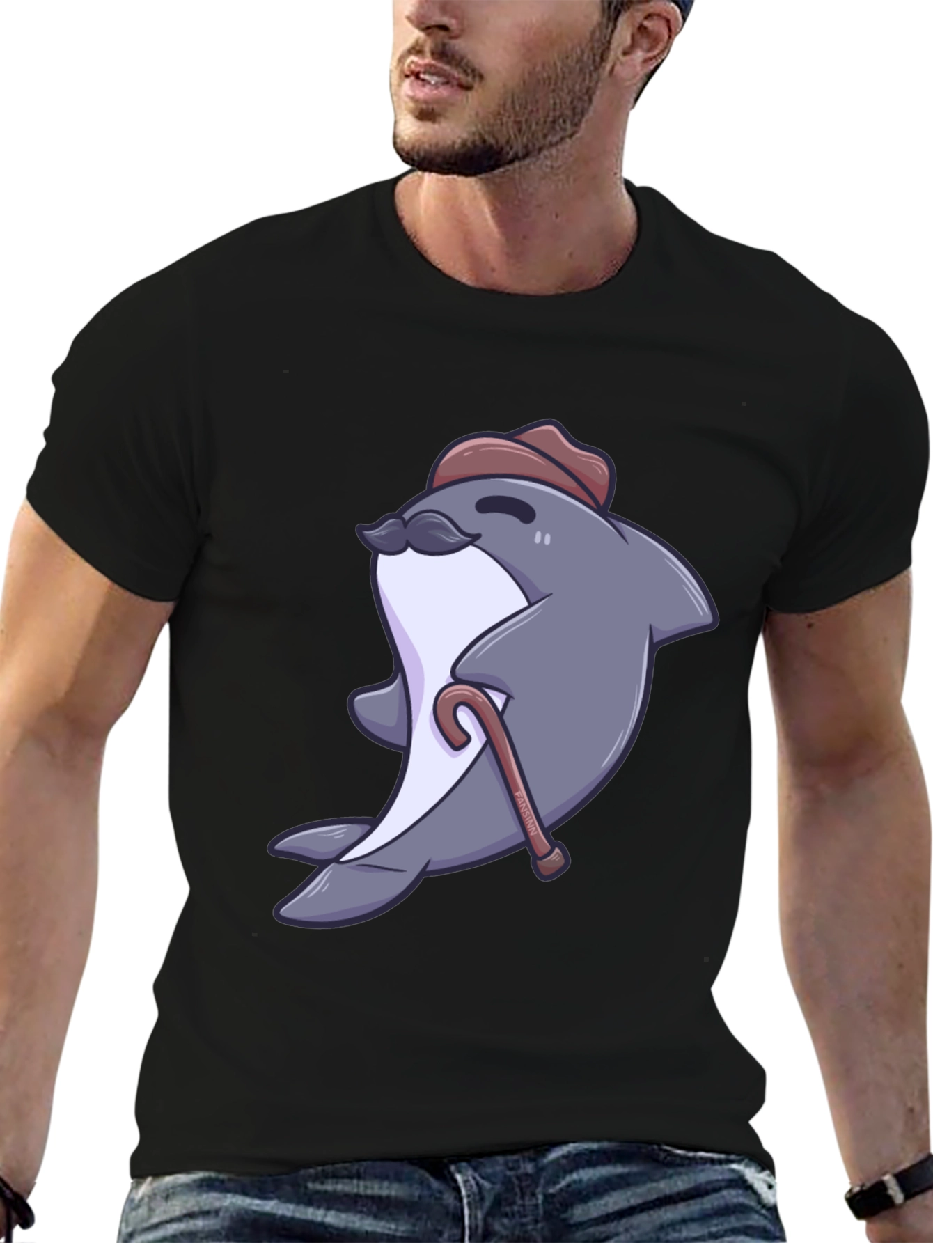 Black Dapper Dolphin T-Shirt - Cartoon Character Tee view 6
