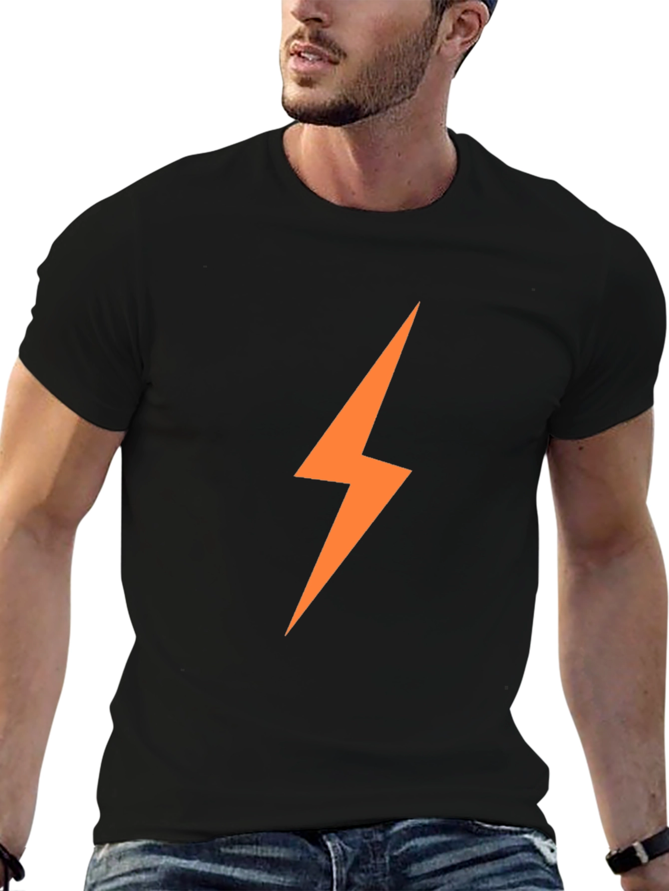Black Men's Black T-Shirt with Orange Lightning Bolt view 6