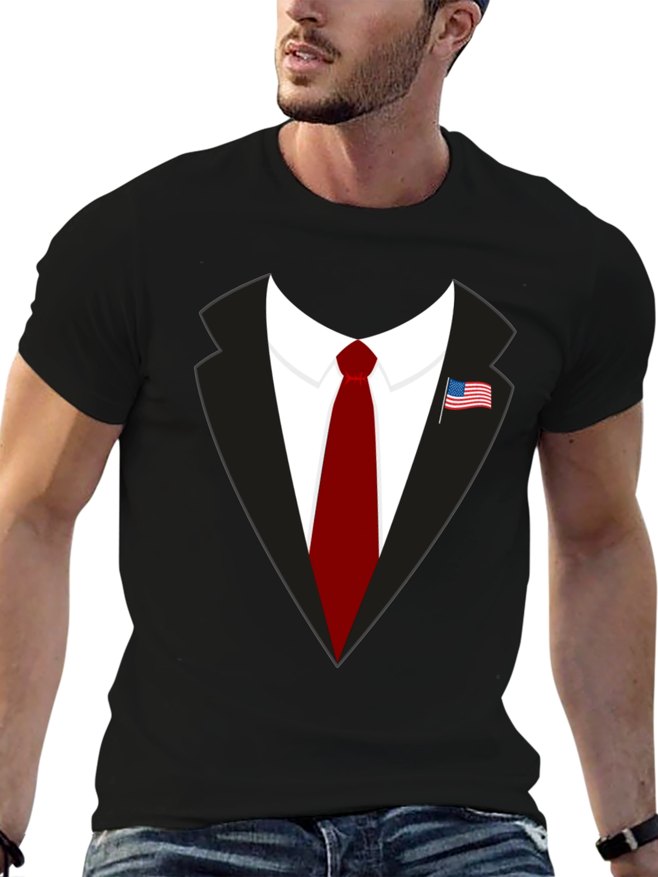 Black Suit & Tie Graphic Tee - Patriotic American Flag Pin view 6
