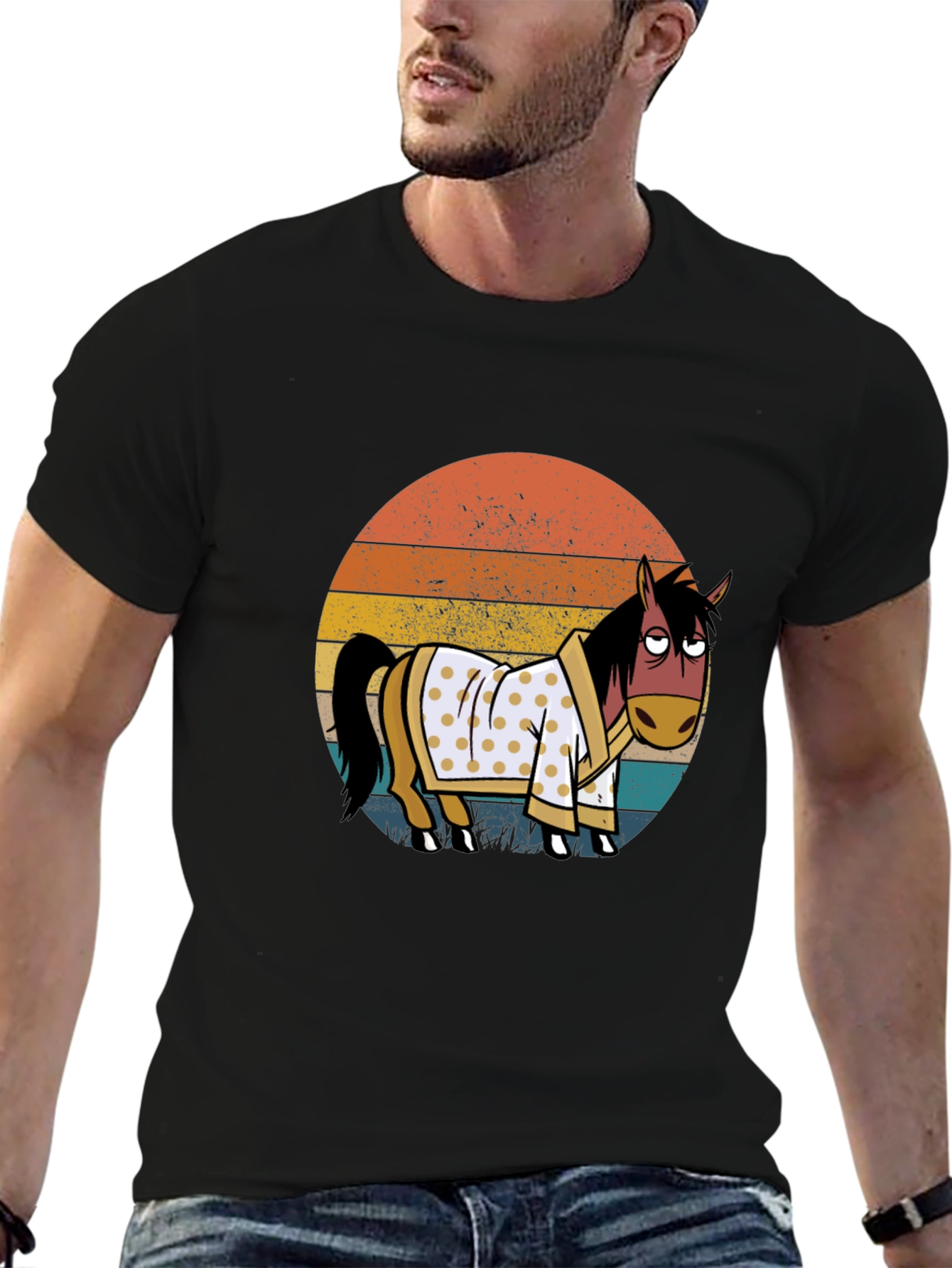 Black Retro Horse in Robe Graphic T-Shirt view 6