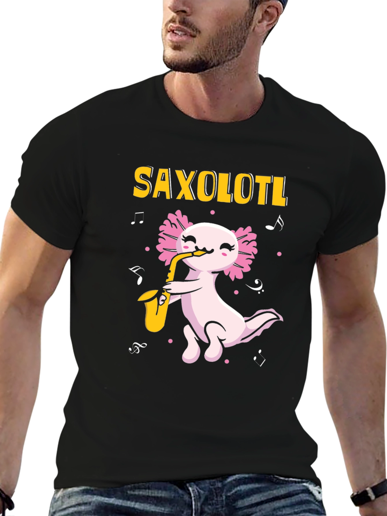 Black Saxolotl T-Shirt - Axolotl Saxophone Player view 6
