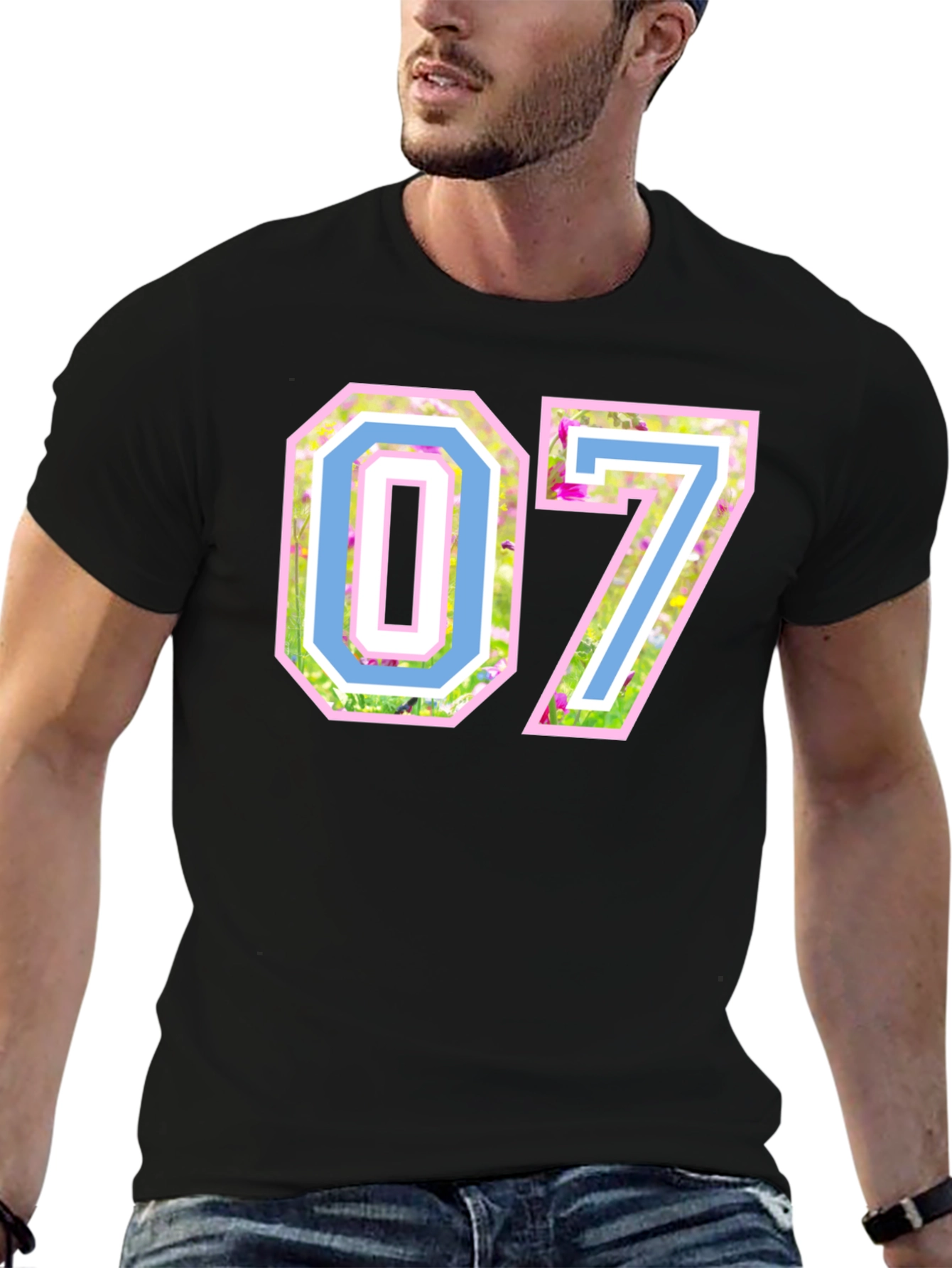 Black Floral Number 07 T-Shirt - Unique Design Tee view 6