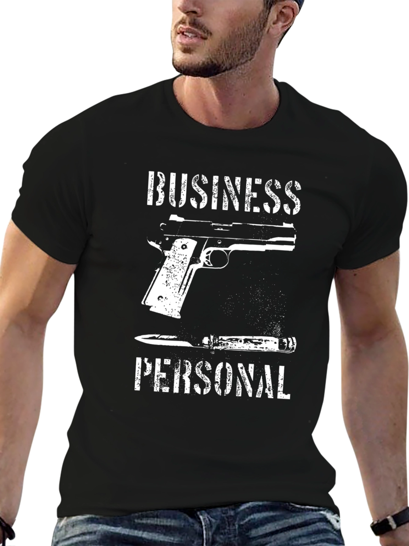 Black Business or Personal T-Shirt: Gun & Knife Graphic Tee view 6