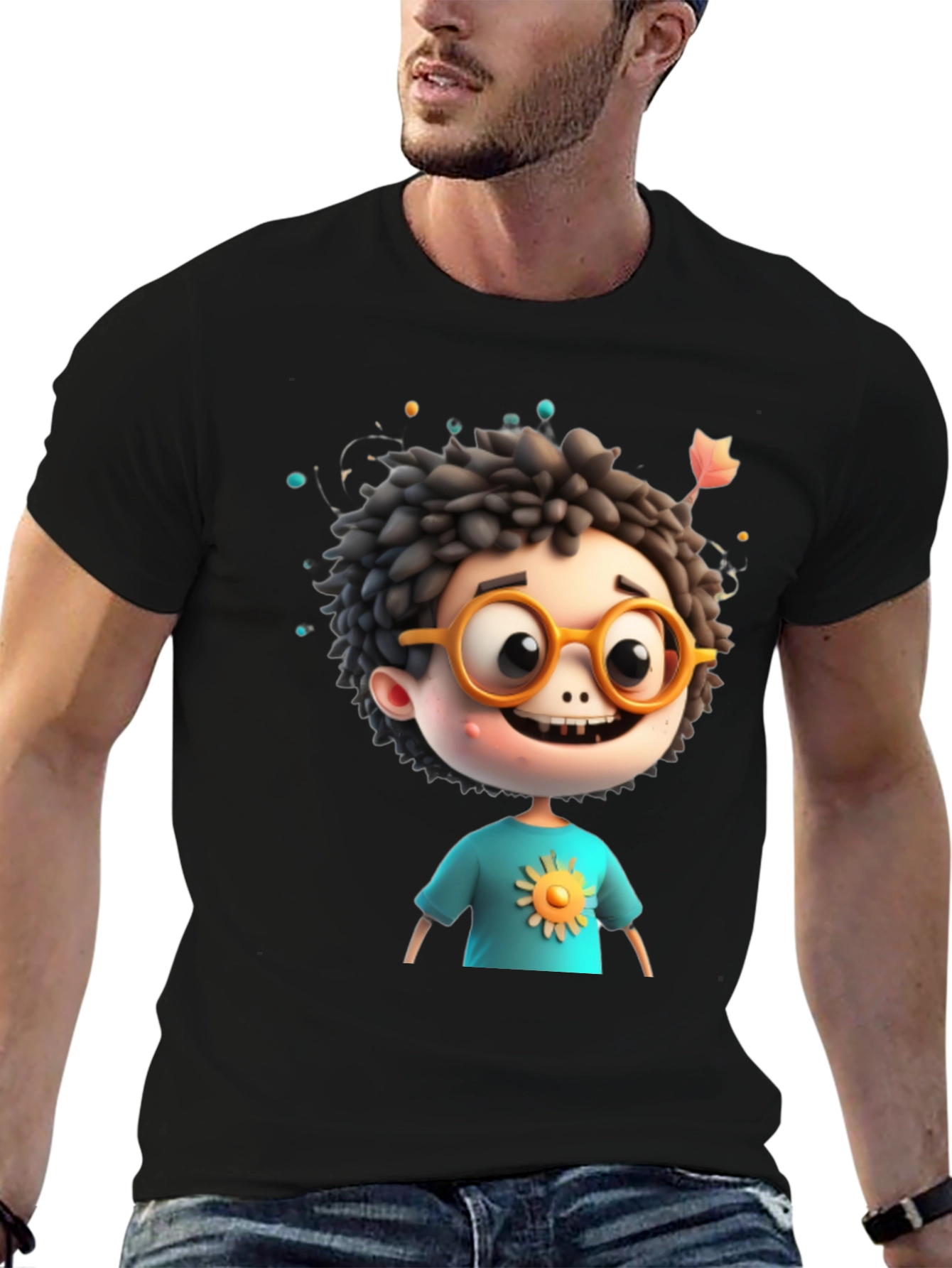 Black Cartoon Boy Graphic Tee - Whimsical Character Design view 6