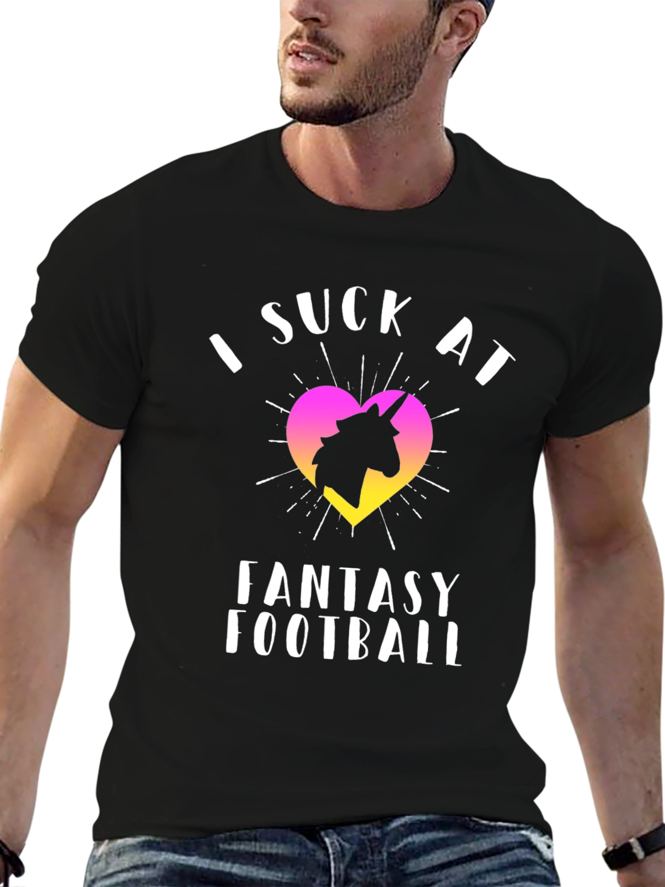 Black I Suck At Fantasy Football Unicorn T-Shirt view 6