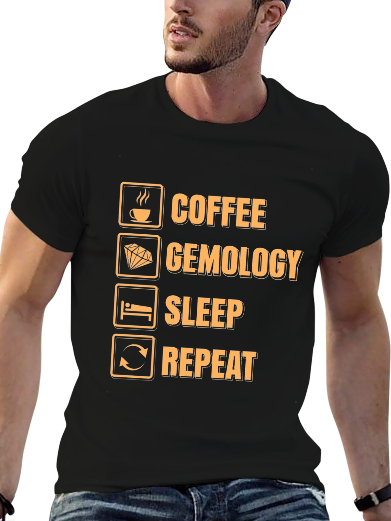 Black Coffee Gemology Sleep Repeat Funny Graphic T-Shirt view 6