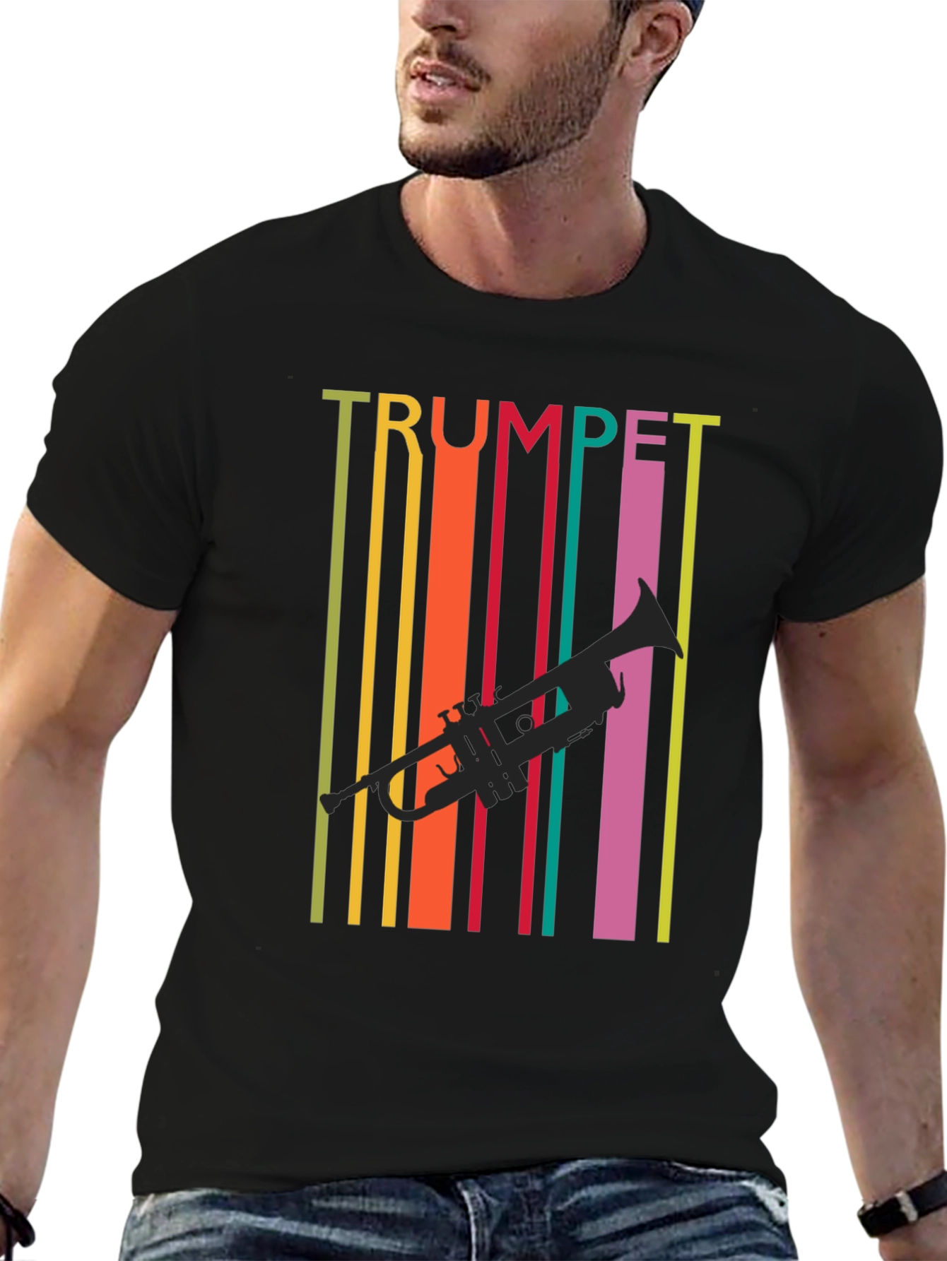 Black Retro Trumpet Graphic Tee - Colorful Music Lover T-Shirt view 6