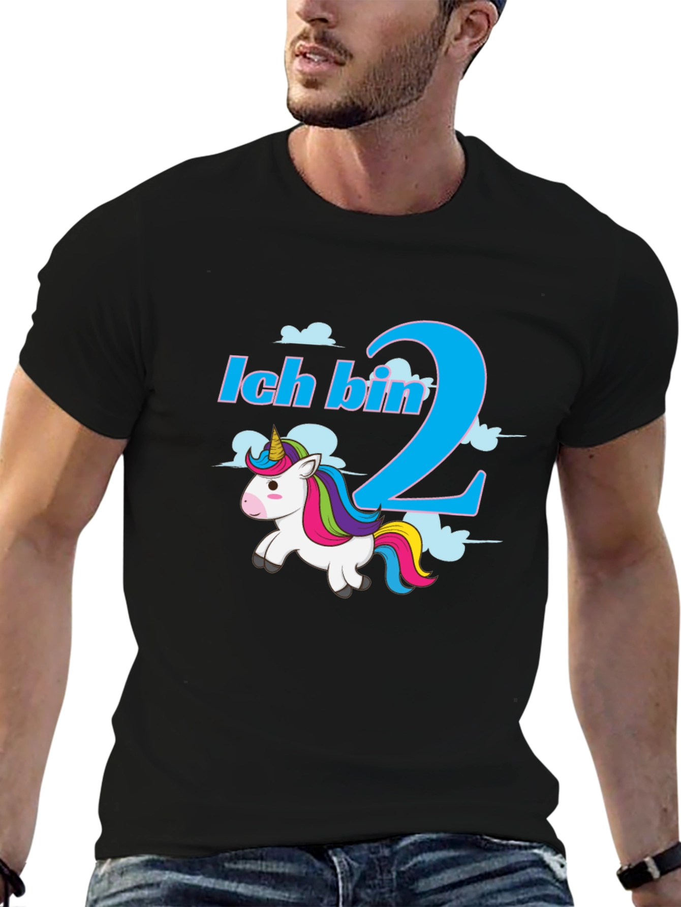 Black Ich Bin 2 Unicorn T-Shirt - Birthday Gift view 6