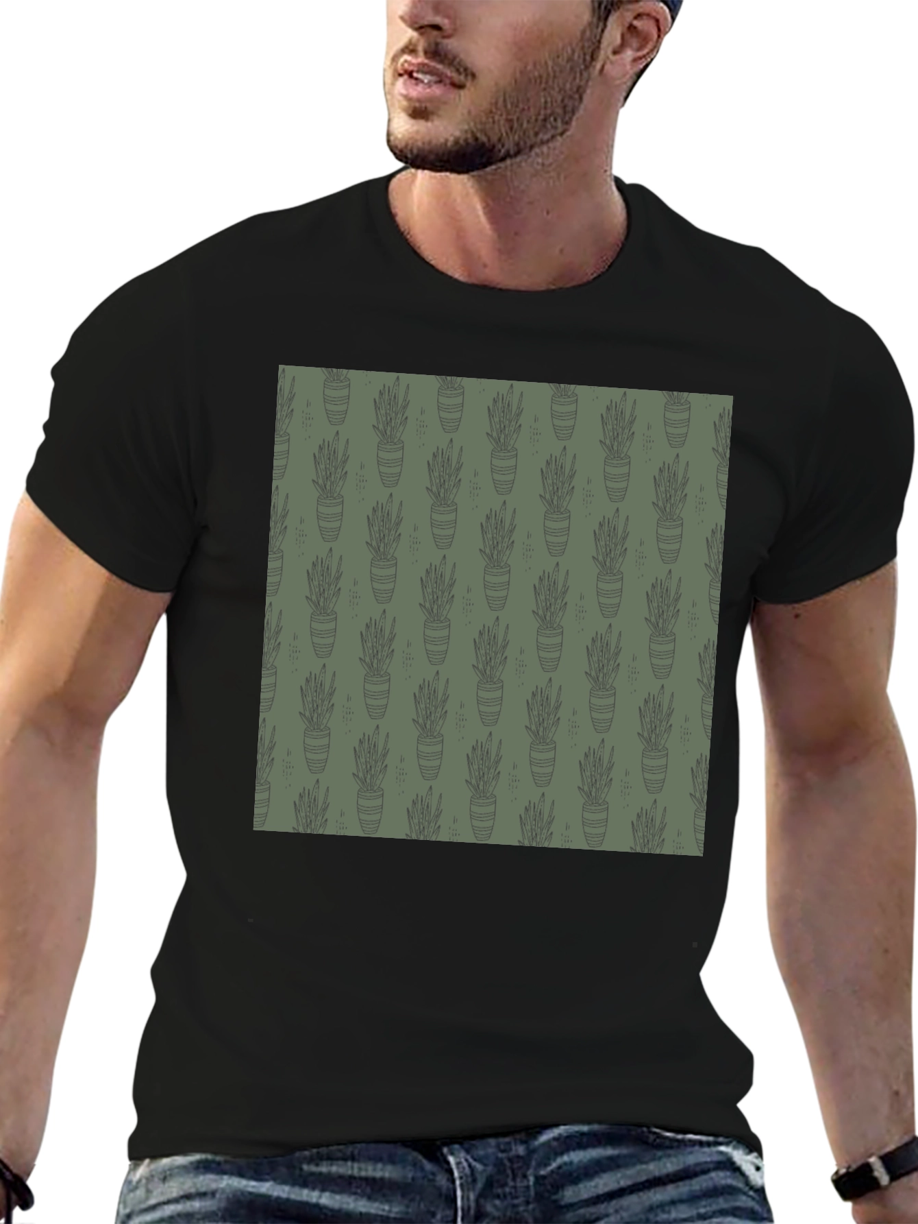 Black Unique Potted Plant Print T-Shirt view 6