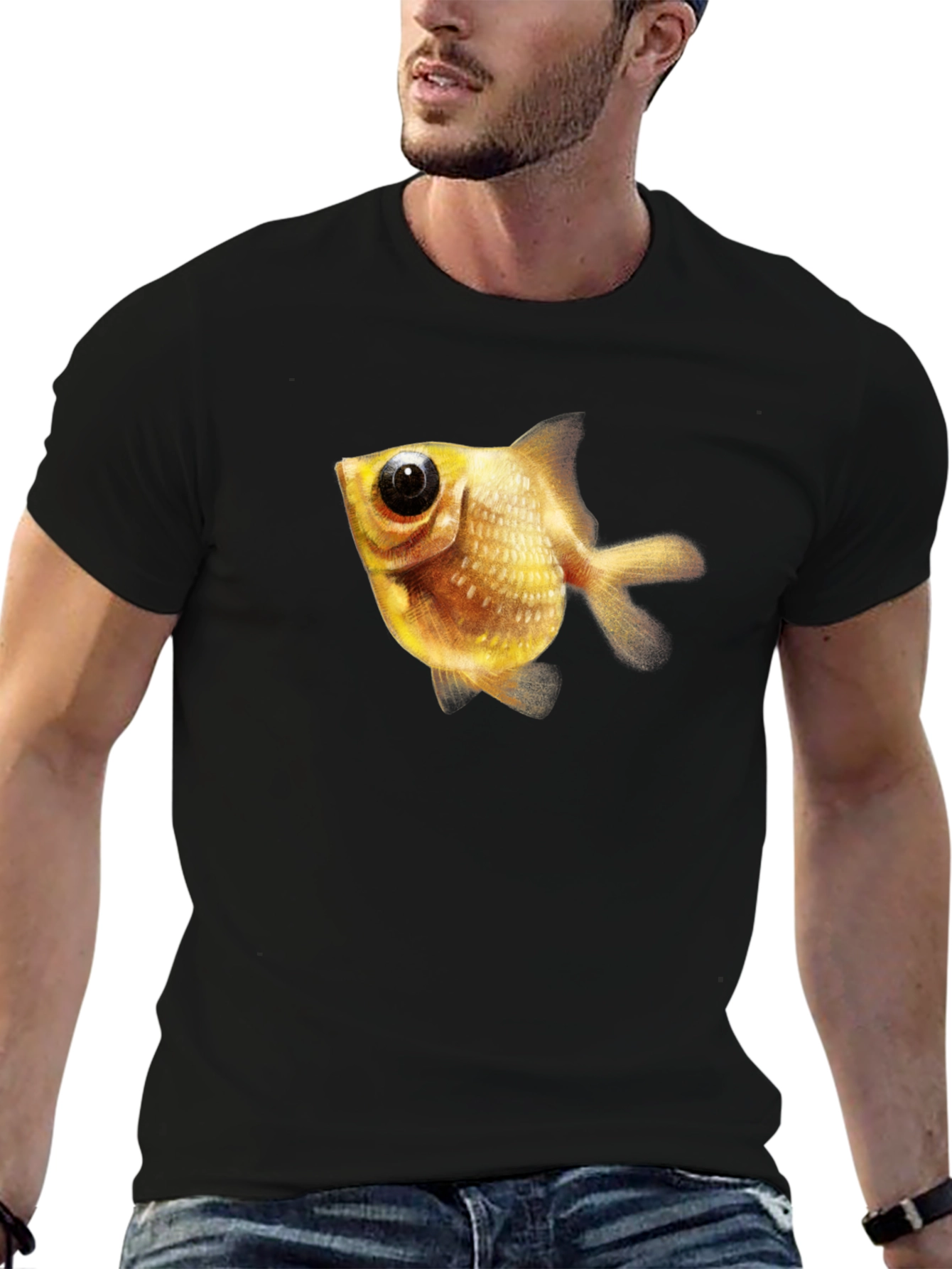 Black Men's Black T-Shirt with Goldfish Graphic view 6