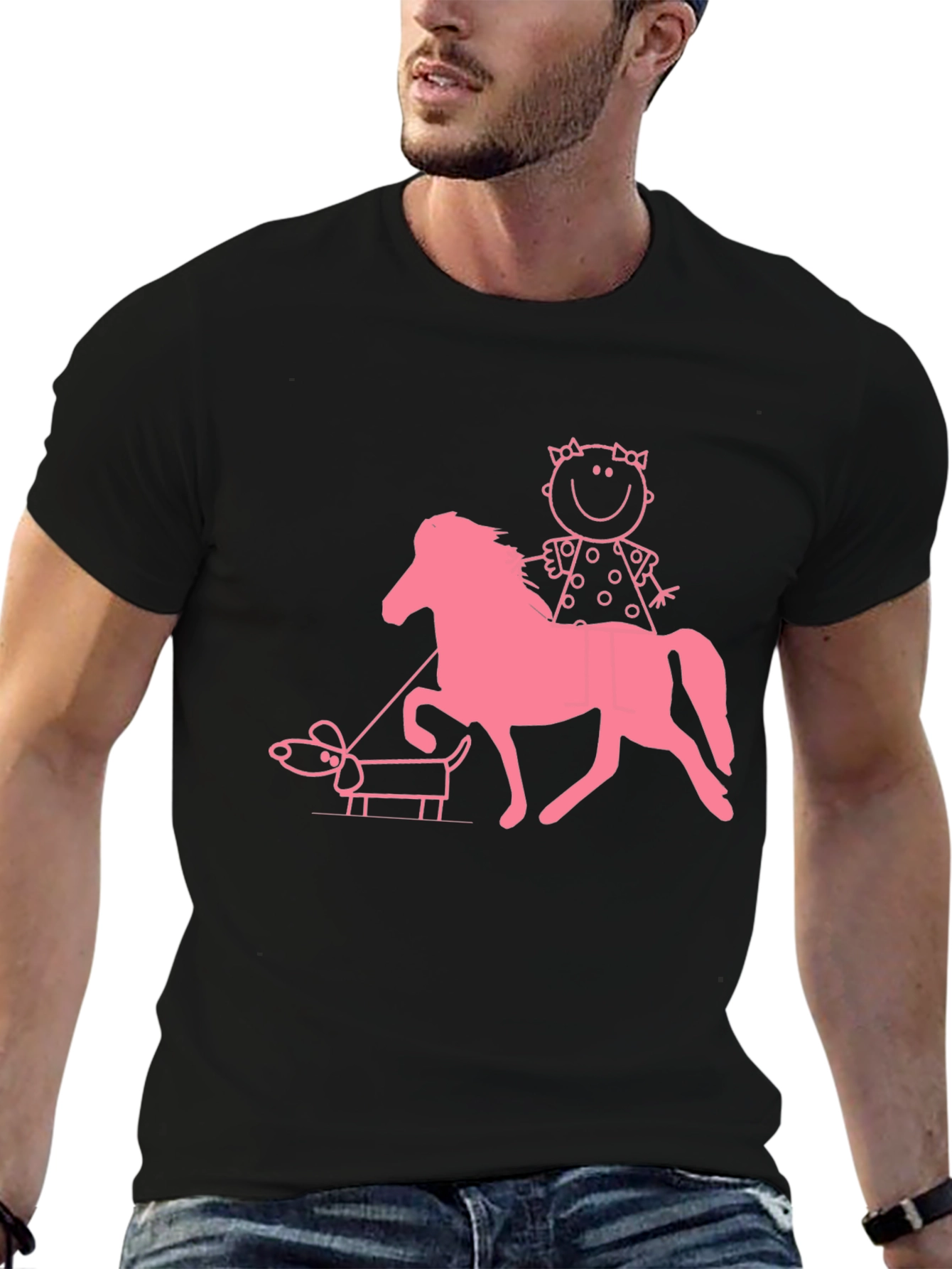 Black Playful Graphic Tee - Girl, Horse, and Dog Design view 6