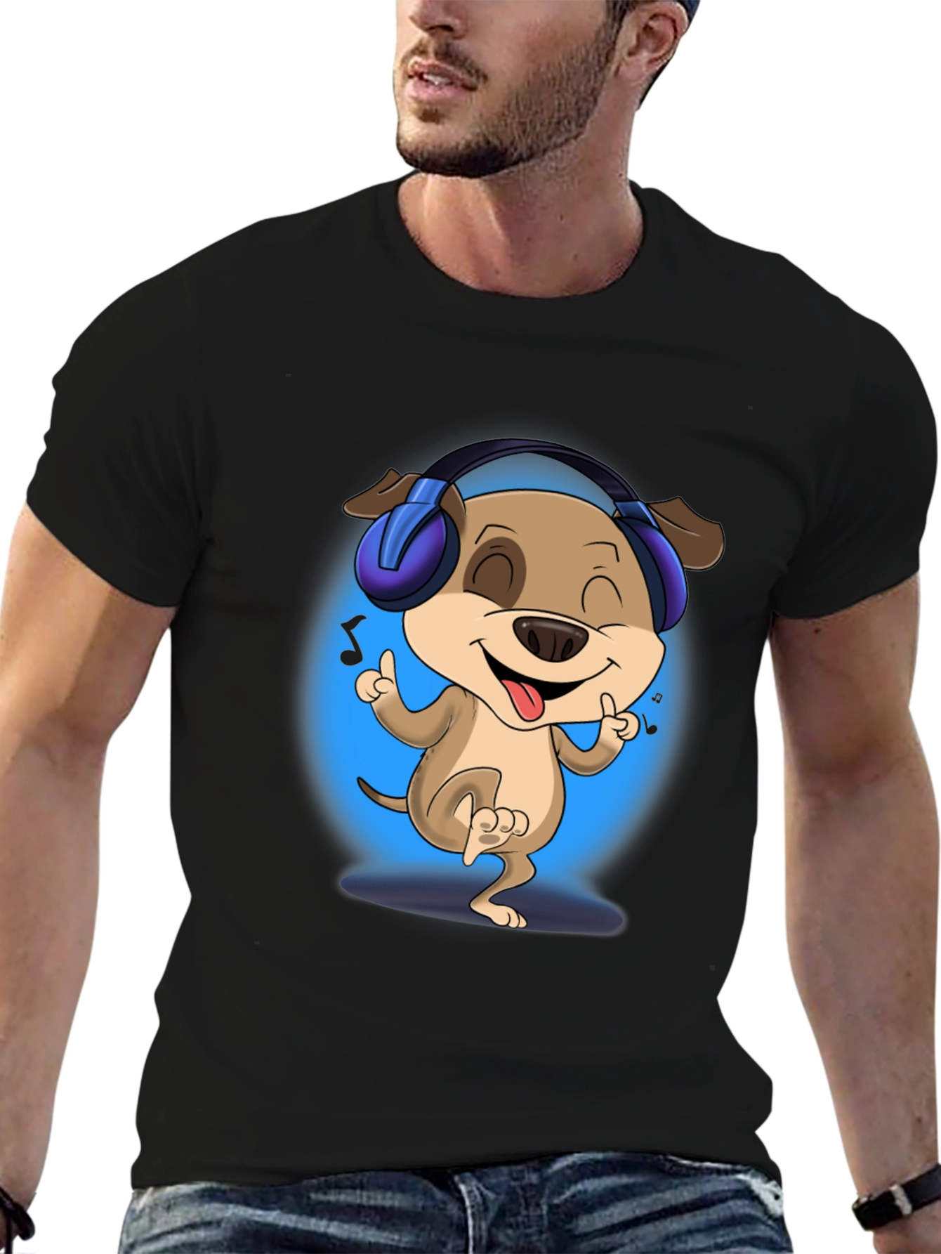 Black Cool Dog with Headphones Black T-Shirt view 6