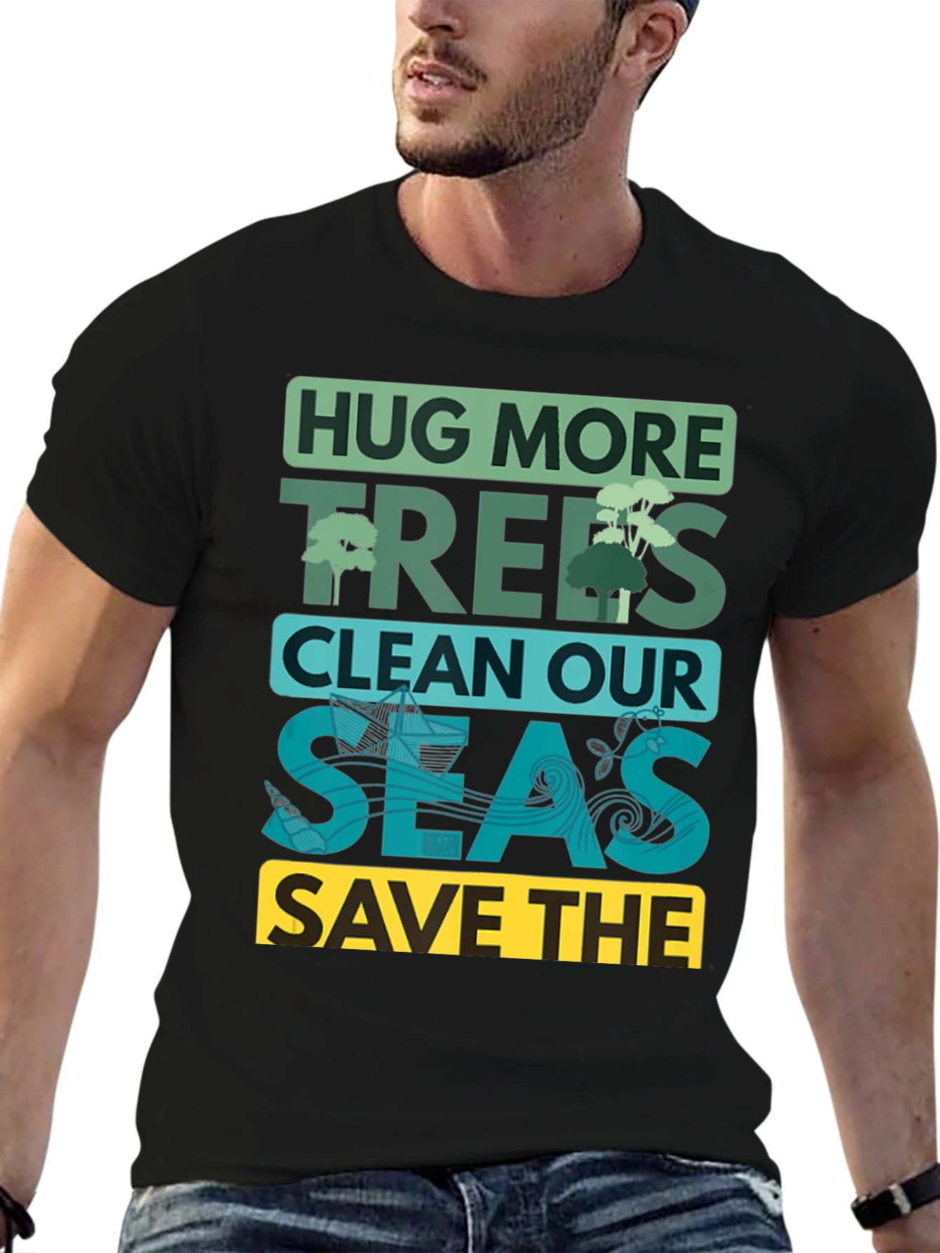 Black Eco-Friendly Graphic T-Shirt: Hug More Trees view 6
