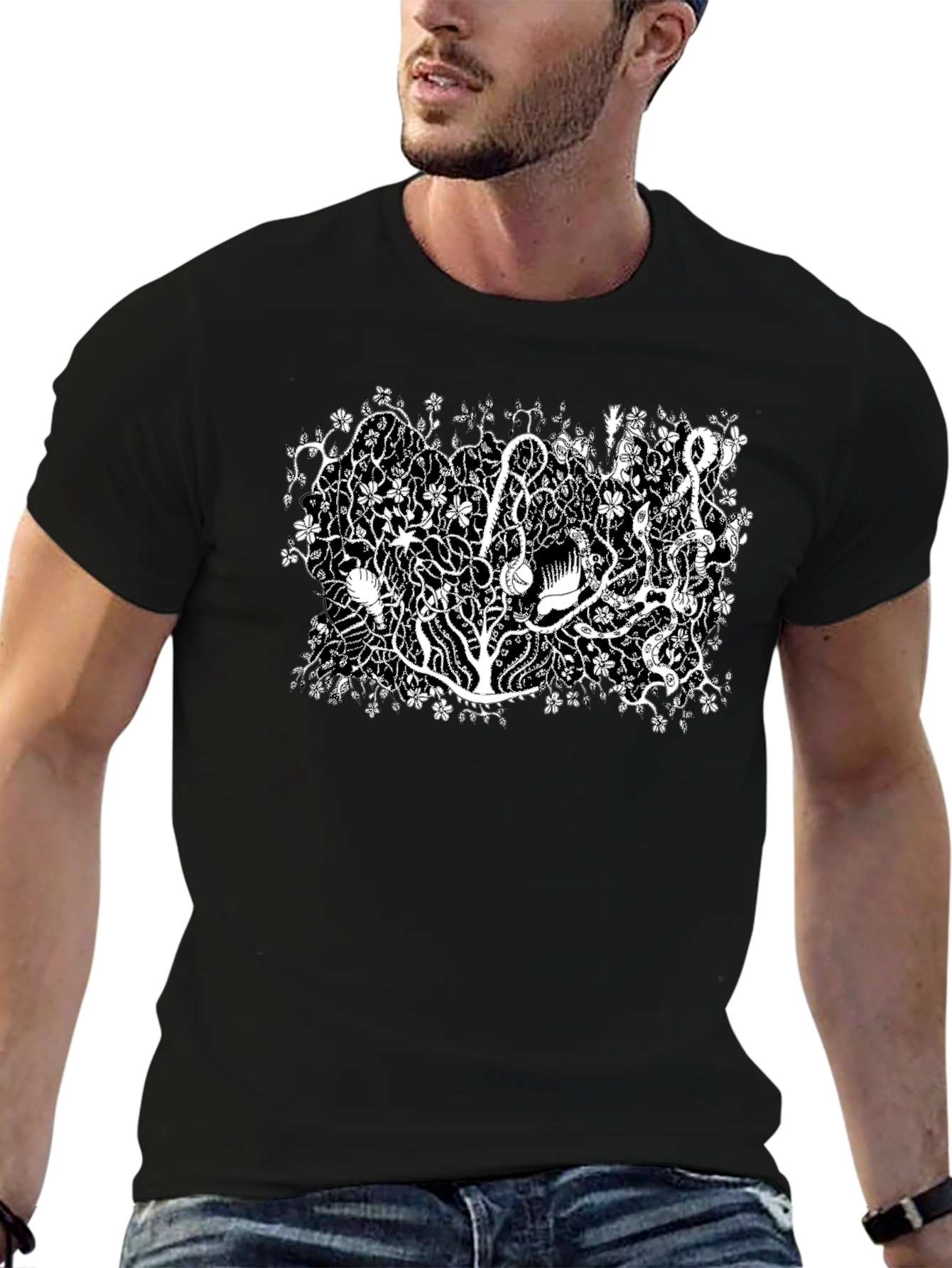 Black Botanical Black Tee - Unique Plant Life Design view 6