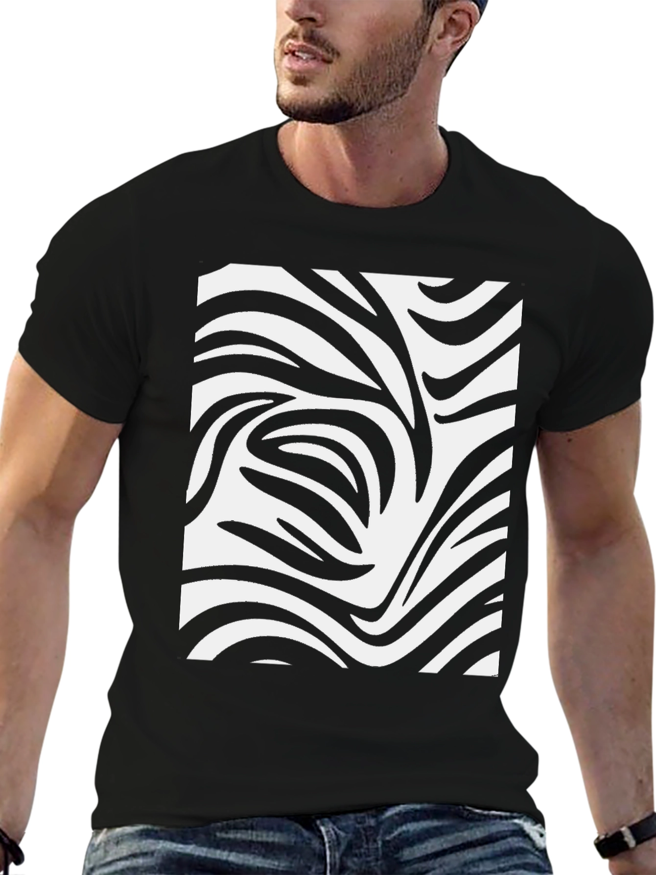 Black Zebra Stripe Print Black T-Shirt view 6
