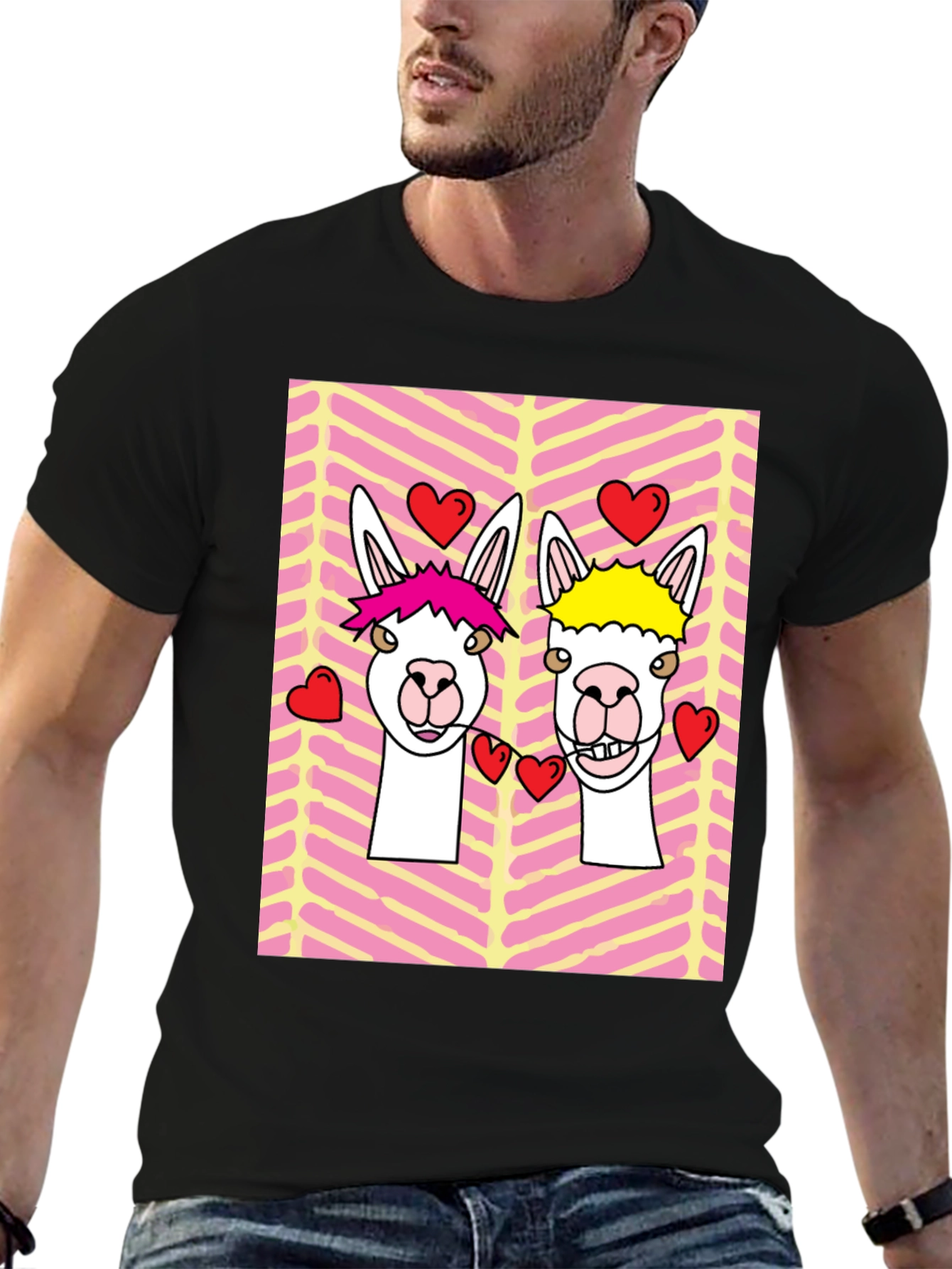 Black Llama Love Graphic Tee - Valentine's Day Black T-Shirt view 6