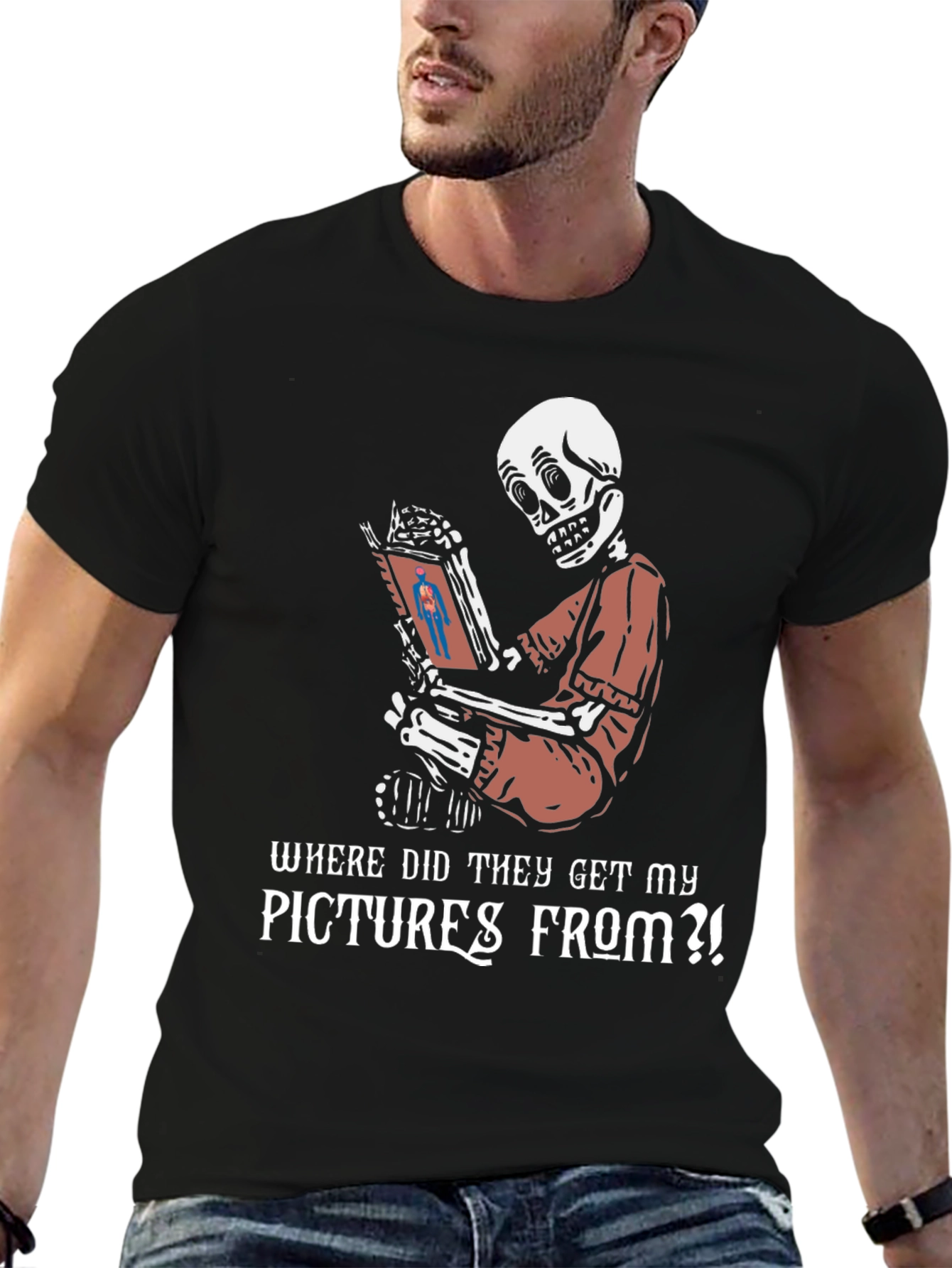Black Funny Skeleton Reading T-Shirt - "Where Did They Get My Pictures From?!" view 6