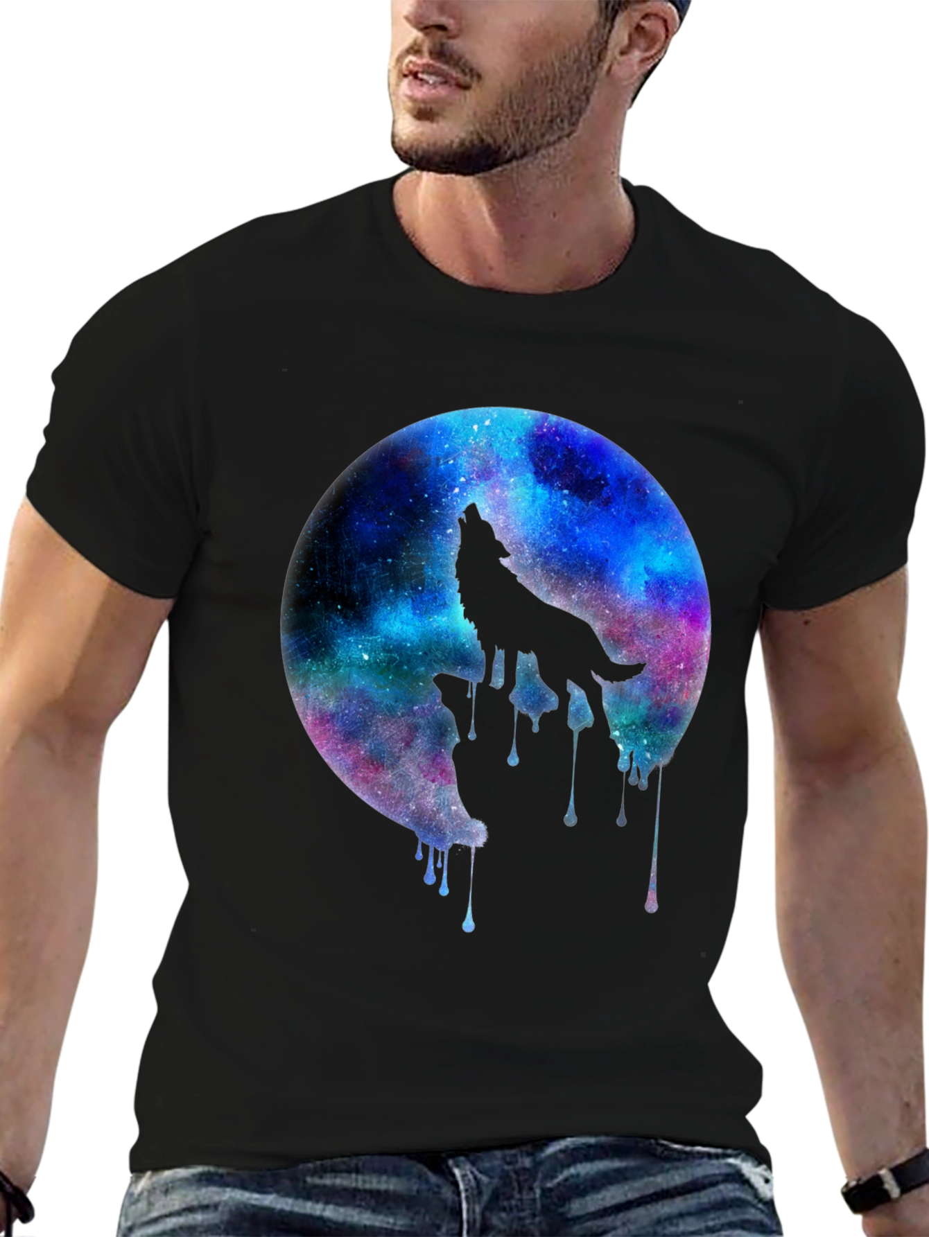 Black Galaxy Wolf Howl Black T-Shirt view 6