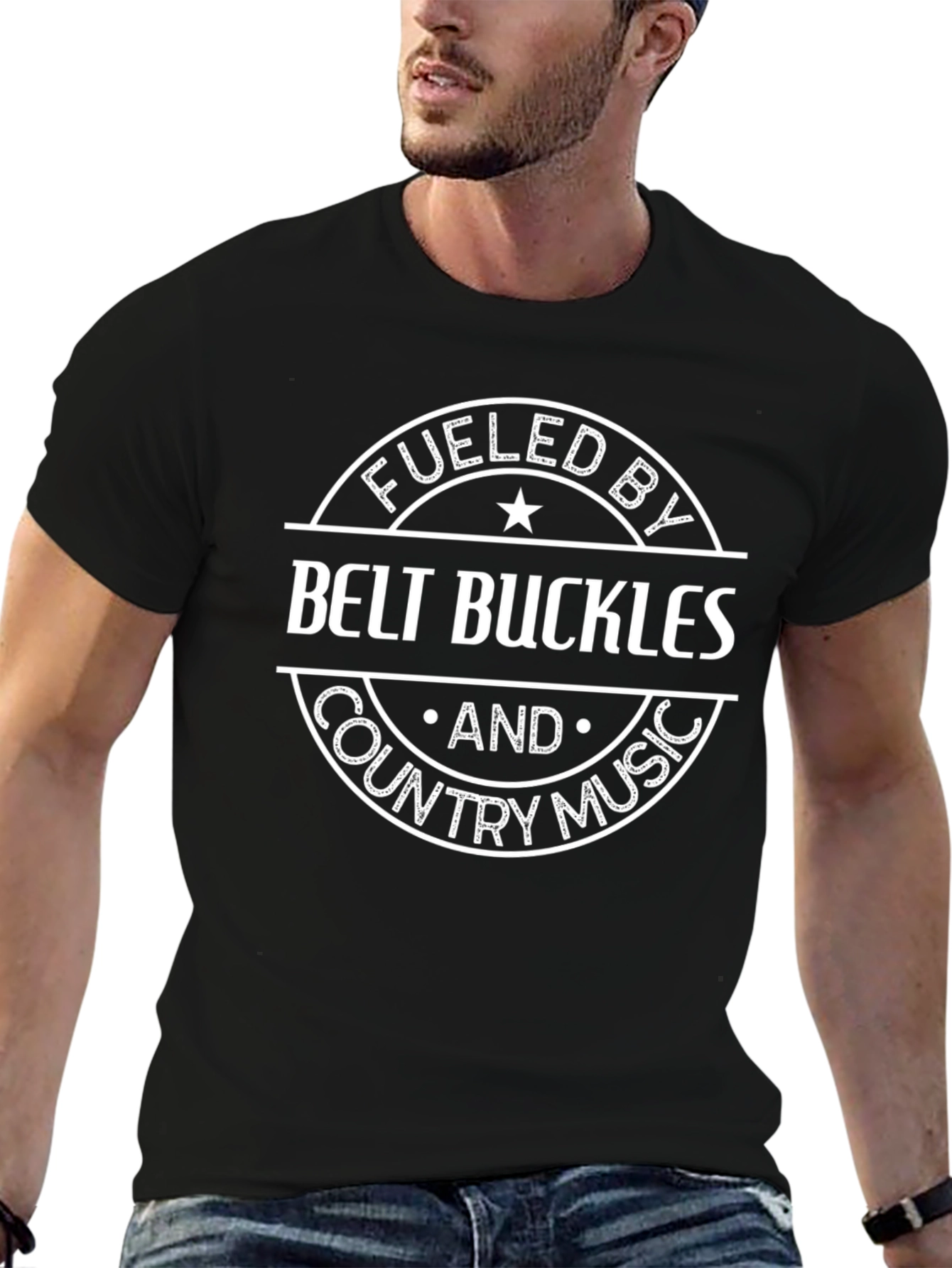 Black Fueled by Belt Buckles and Country Music Black T-Shirt view 6