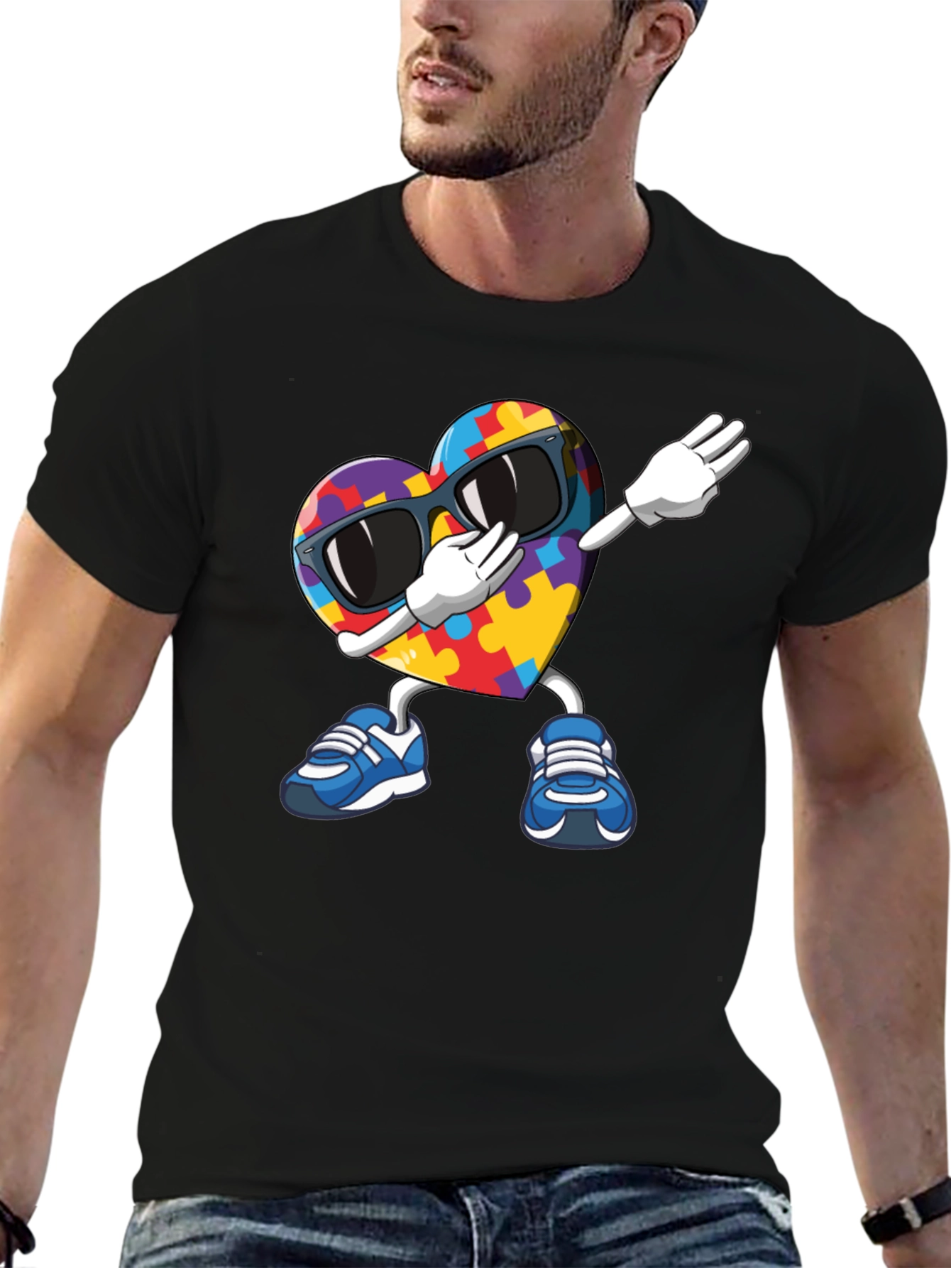 Black Autism Awareness Puzzle Heart Dabbing T-Shirt view 6