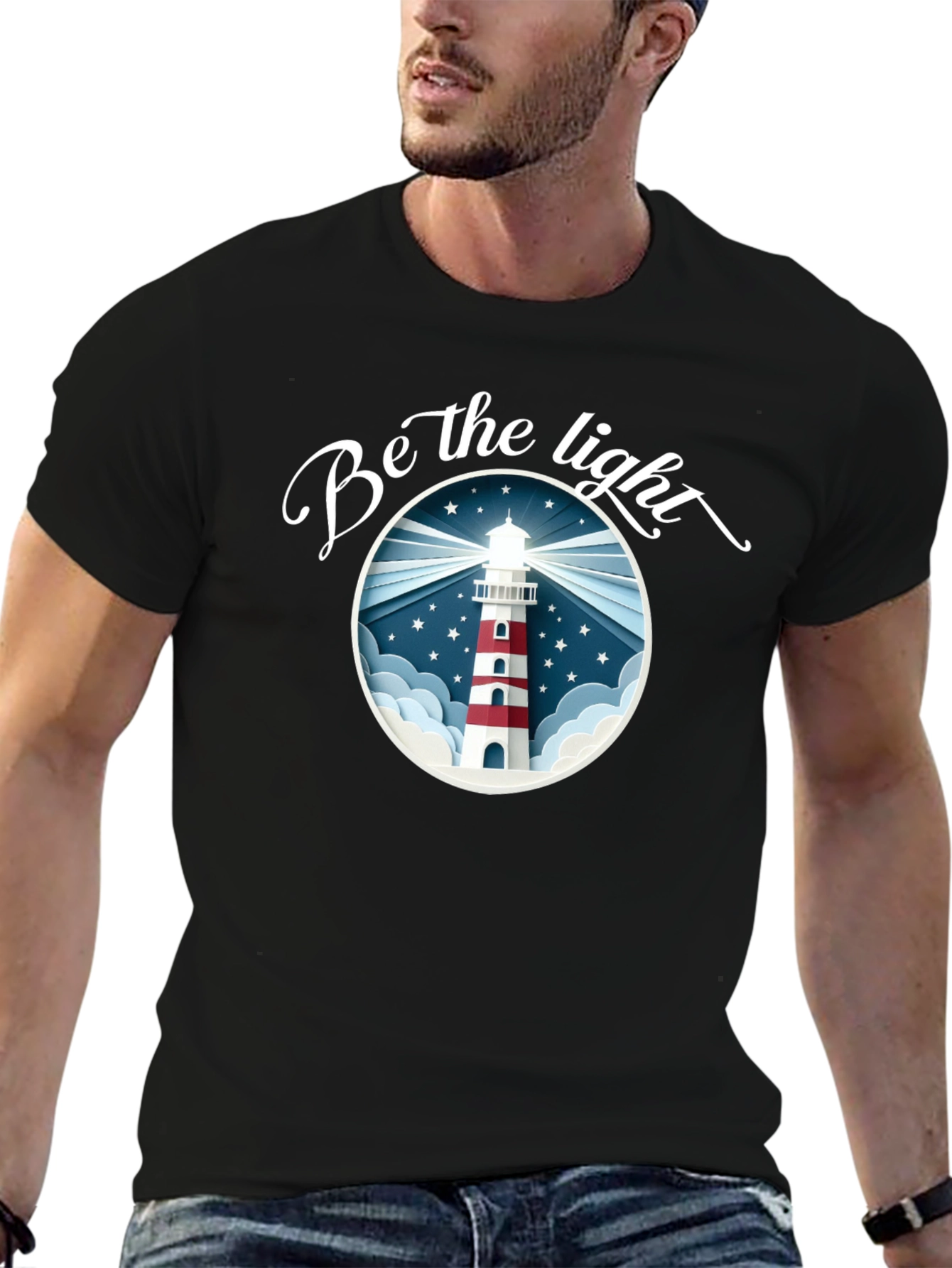 Black Be the Light Lighthouse Graphic Tee - Black Cotton T-Shirt view 6
