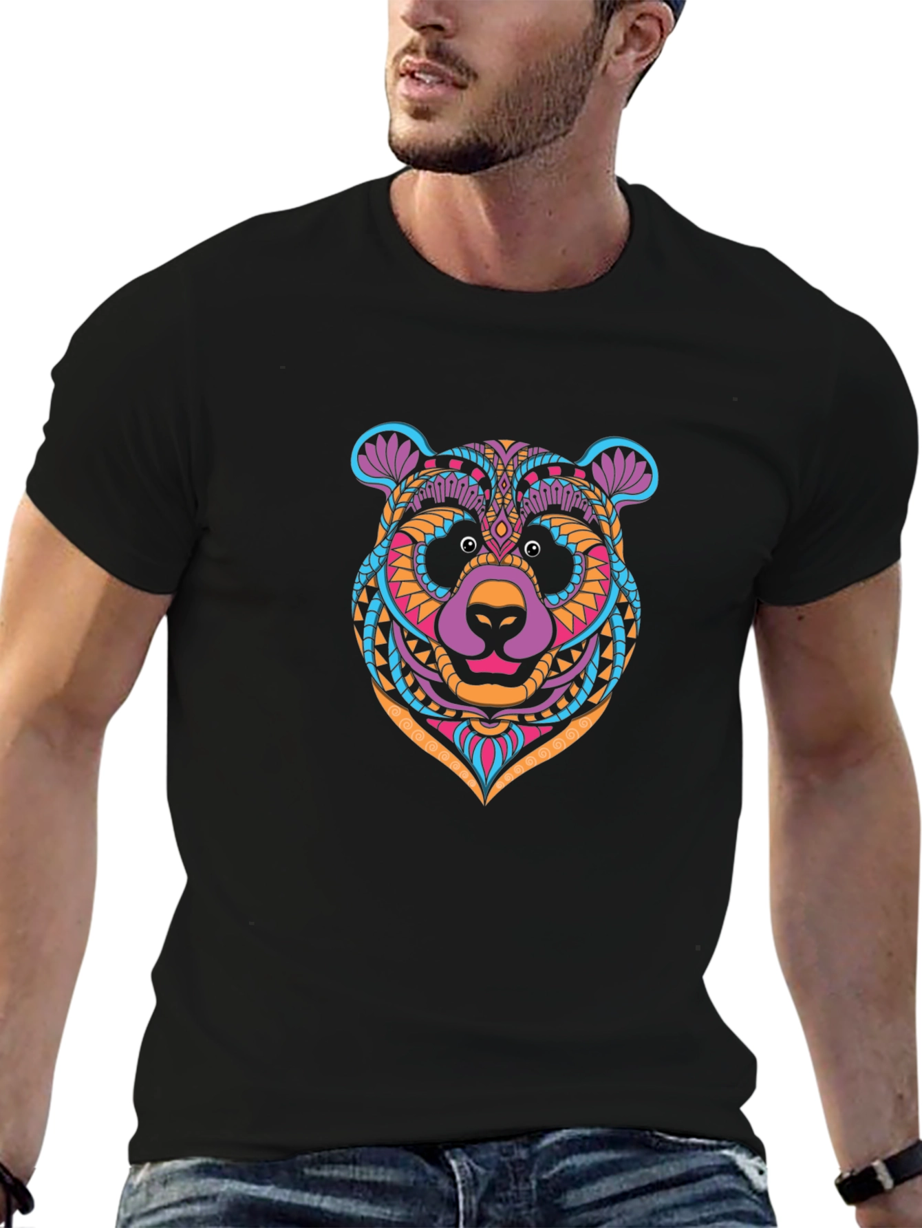 Black Colorful Bear Graphic Tee - Stylish Black T-Shirt view 6