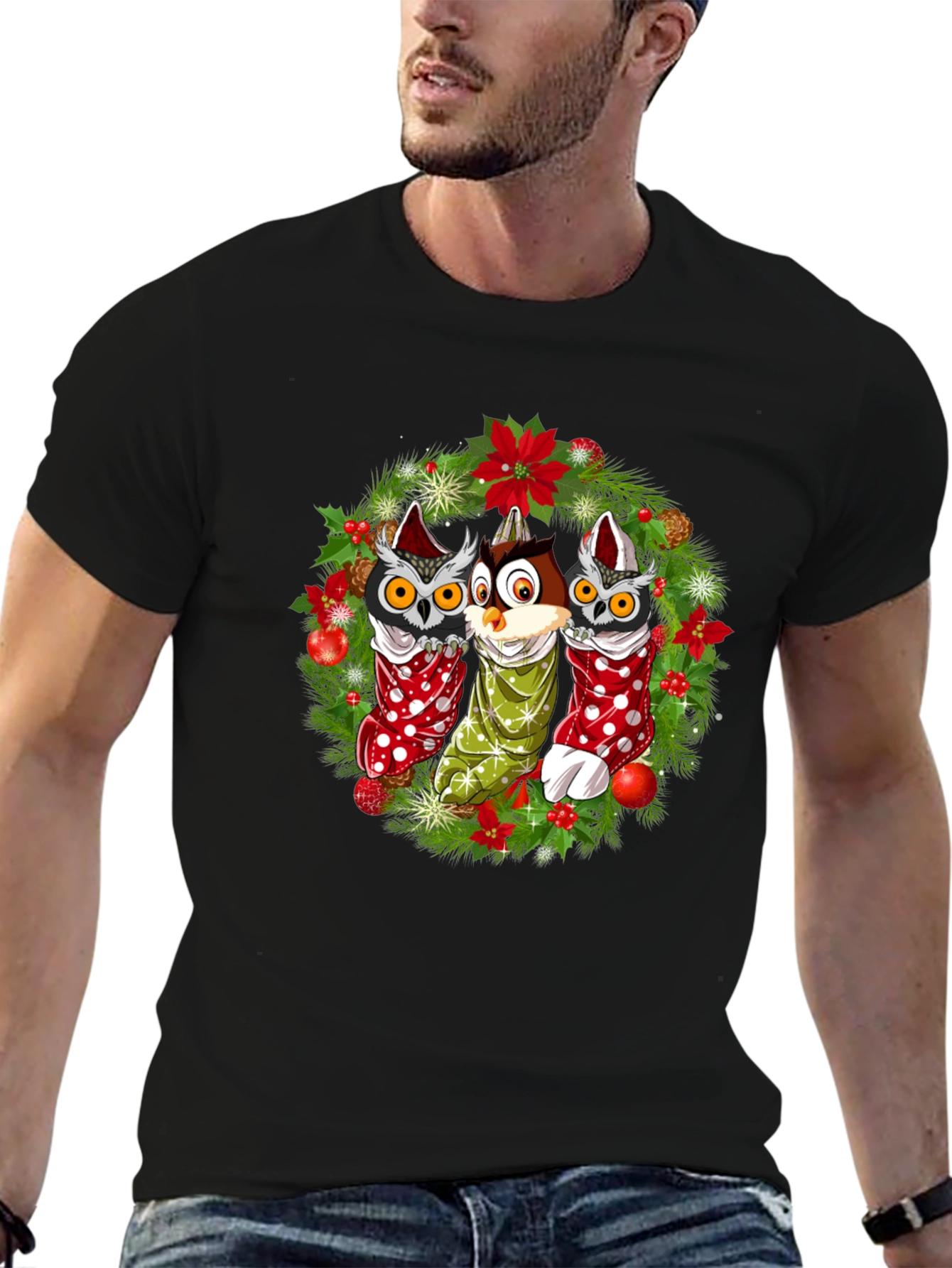 Black Christmas Owl T-Shirt Festive Holiday Design view 6