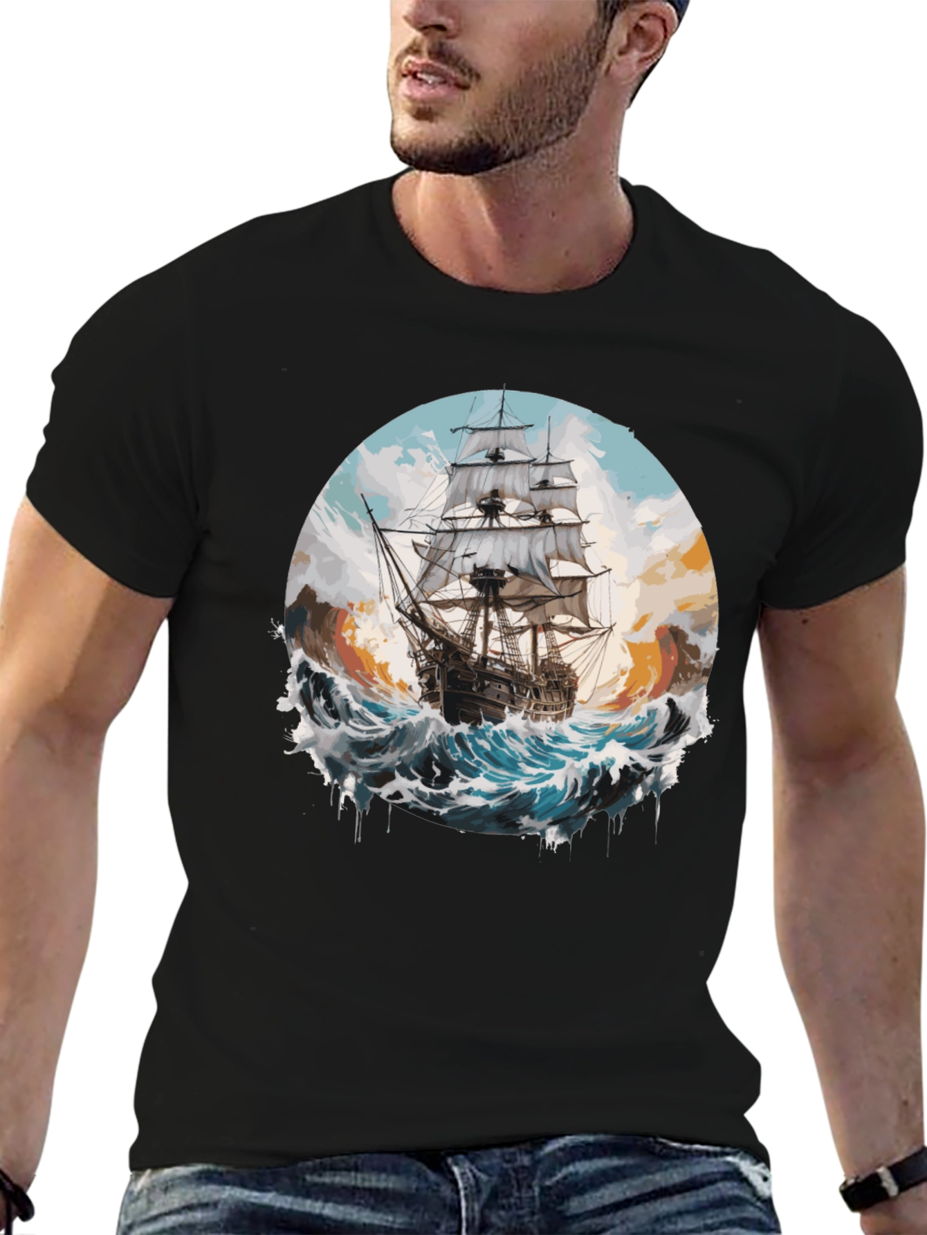 Black Sailing Ship Graphic Tee - Black Cotton Crew Neck view 6
