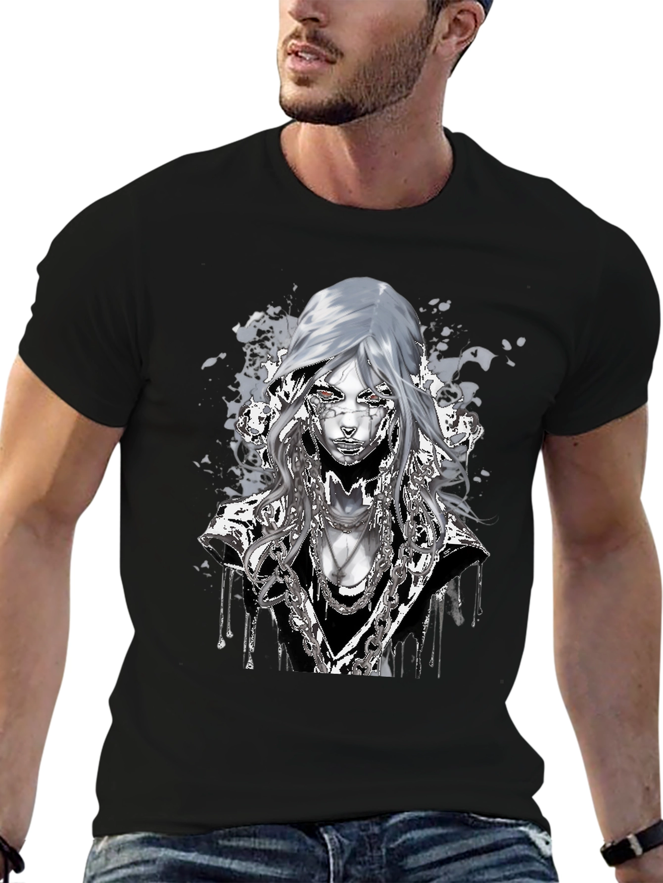 Black Graphic T-Shirt: Cyberpunk Chain Design view 6