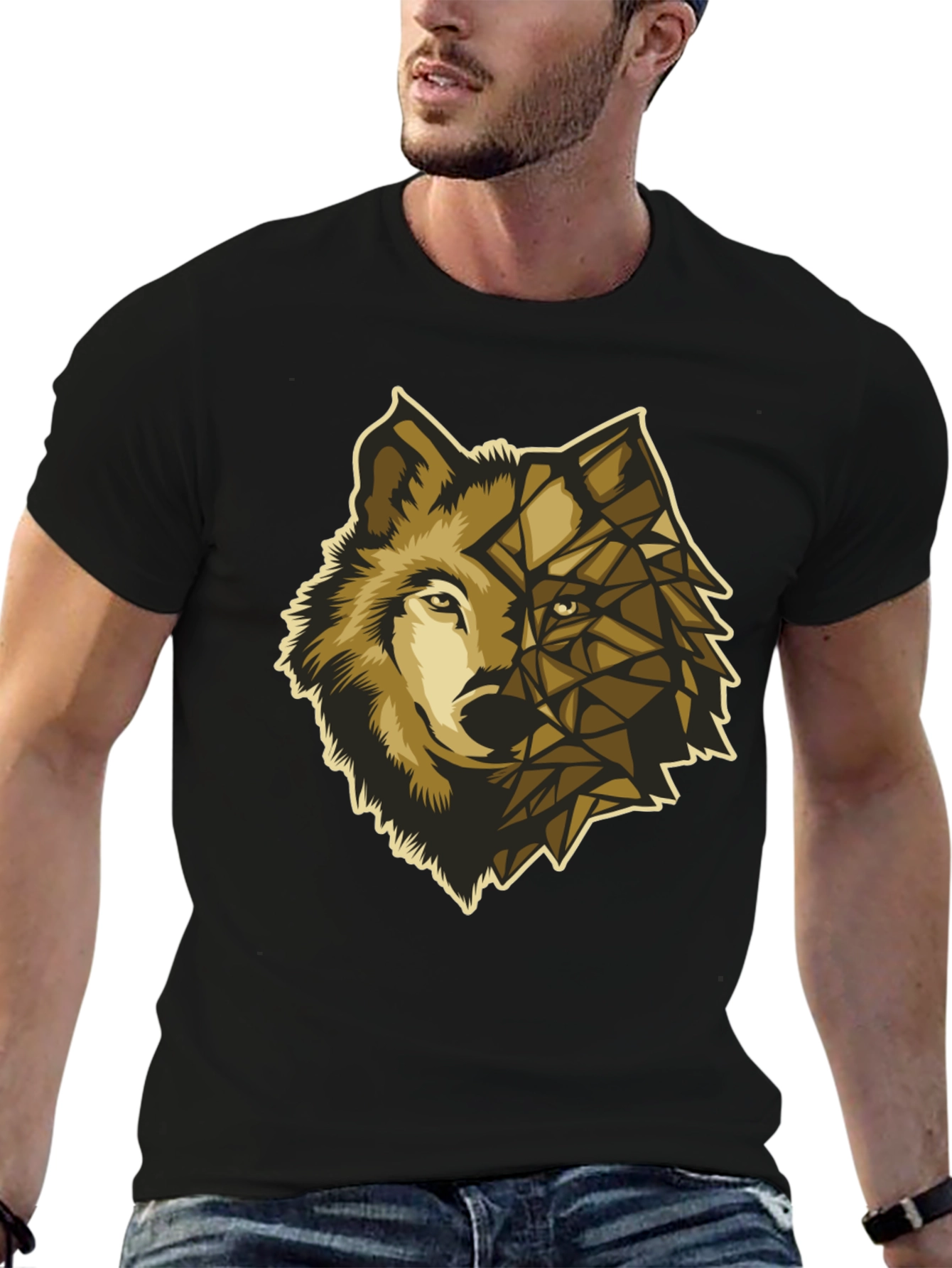 Black Geometric Wolf Graphic Tee - Premium Black Cotton view 6