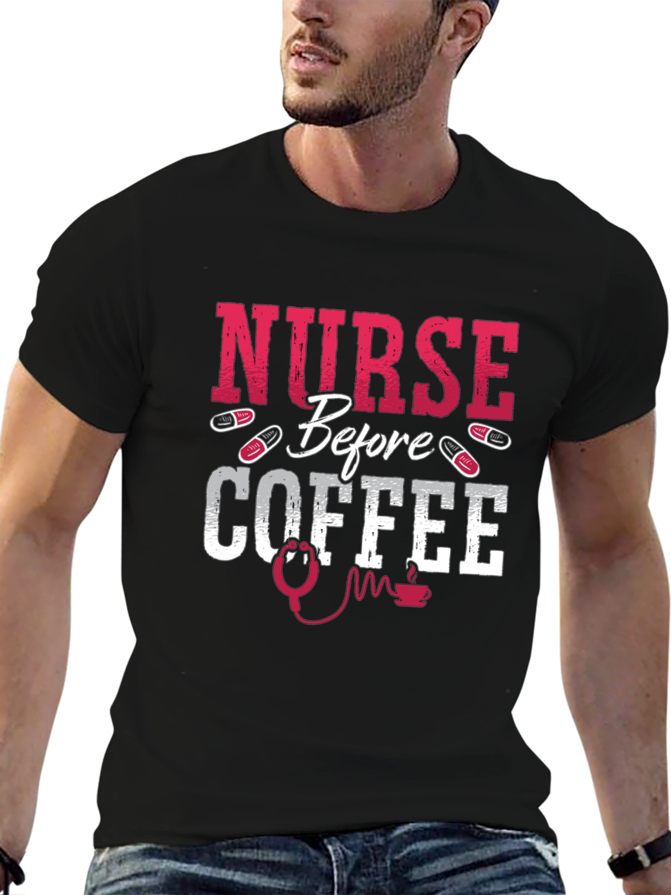 Black Nurse Before Coffee Graphic Tee view 6