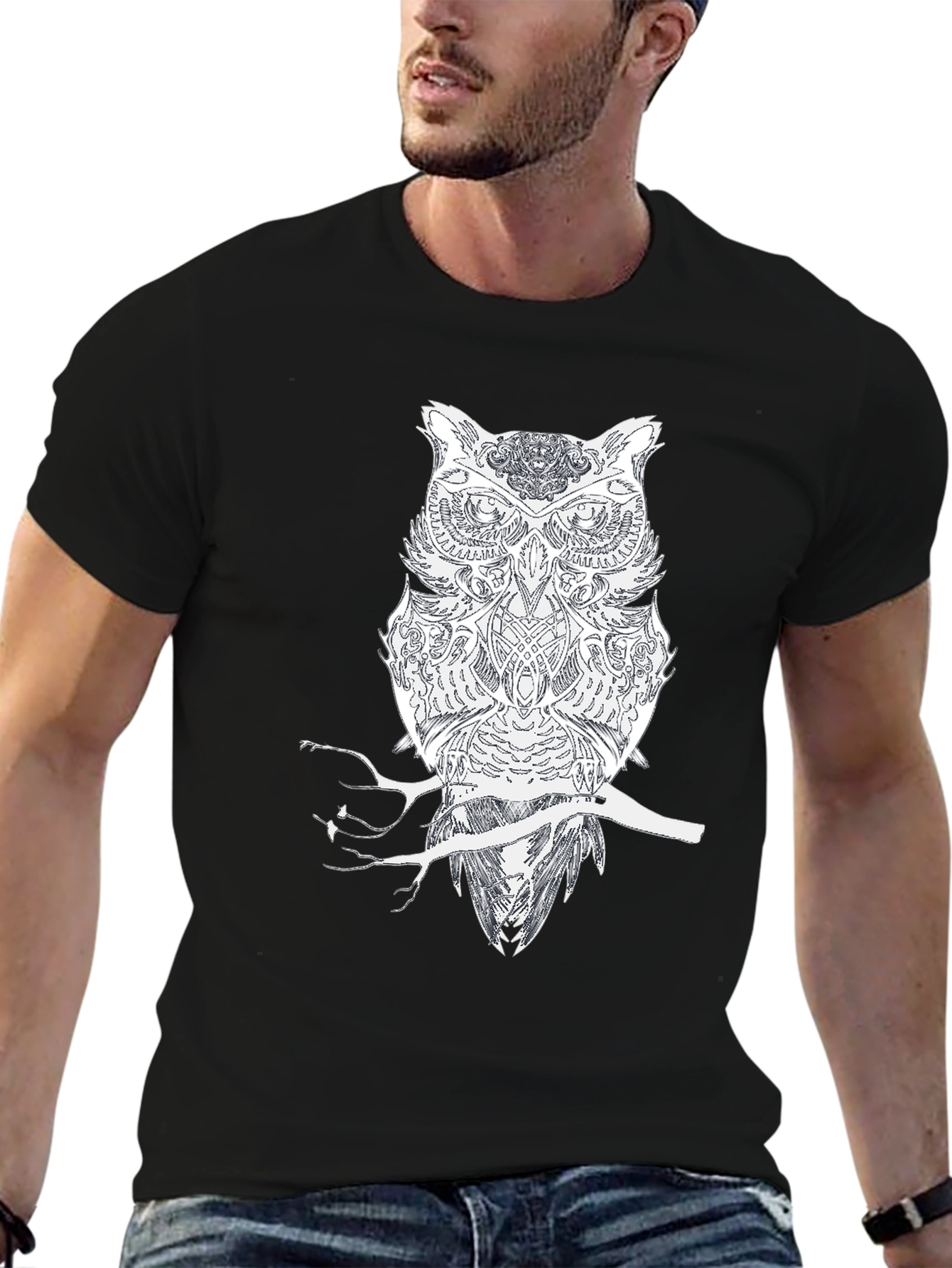 Black Owl on Branch Black Tee - Unique Graphic Design view 6