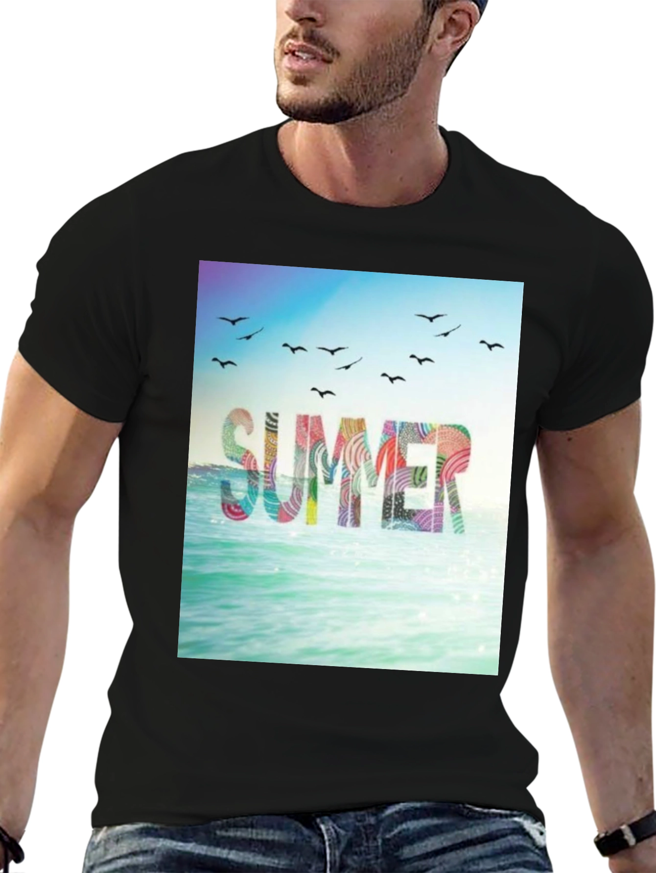 Black Summer Beach Graphic Tee - Black Cotton T-Shirt view 6