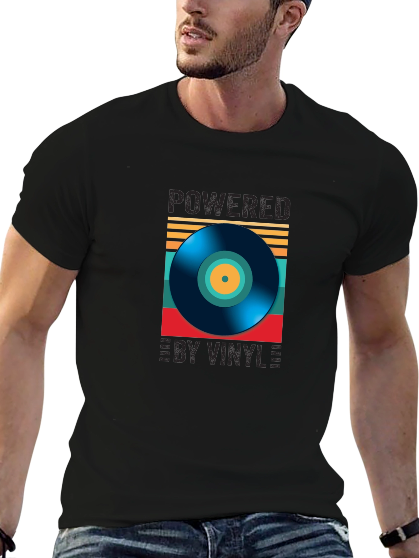 Black Powered by Vinyl Graphic Tee - Retro Music Lover Shirt view 6