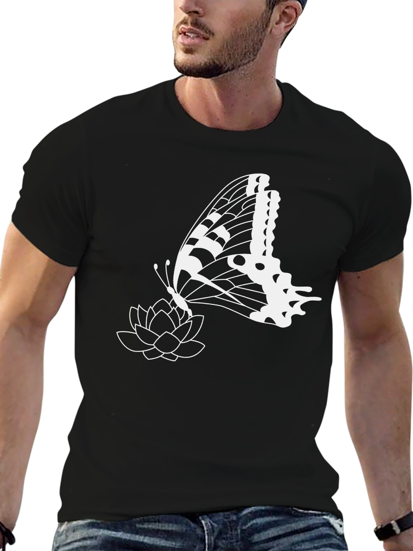 Black Butterfly & Lotus Graphic Tee - Stylish Black T-Shirt view 6