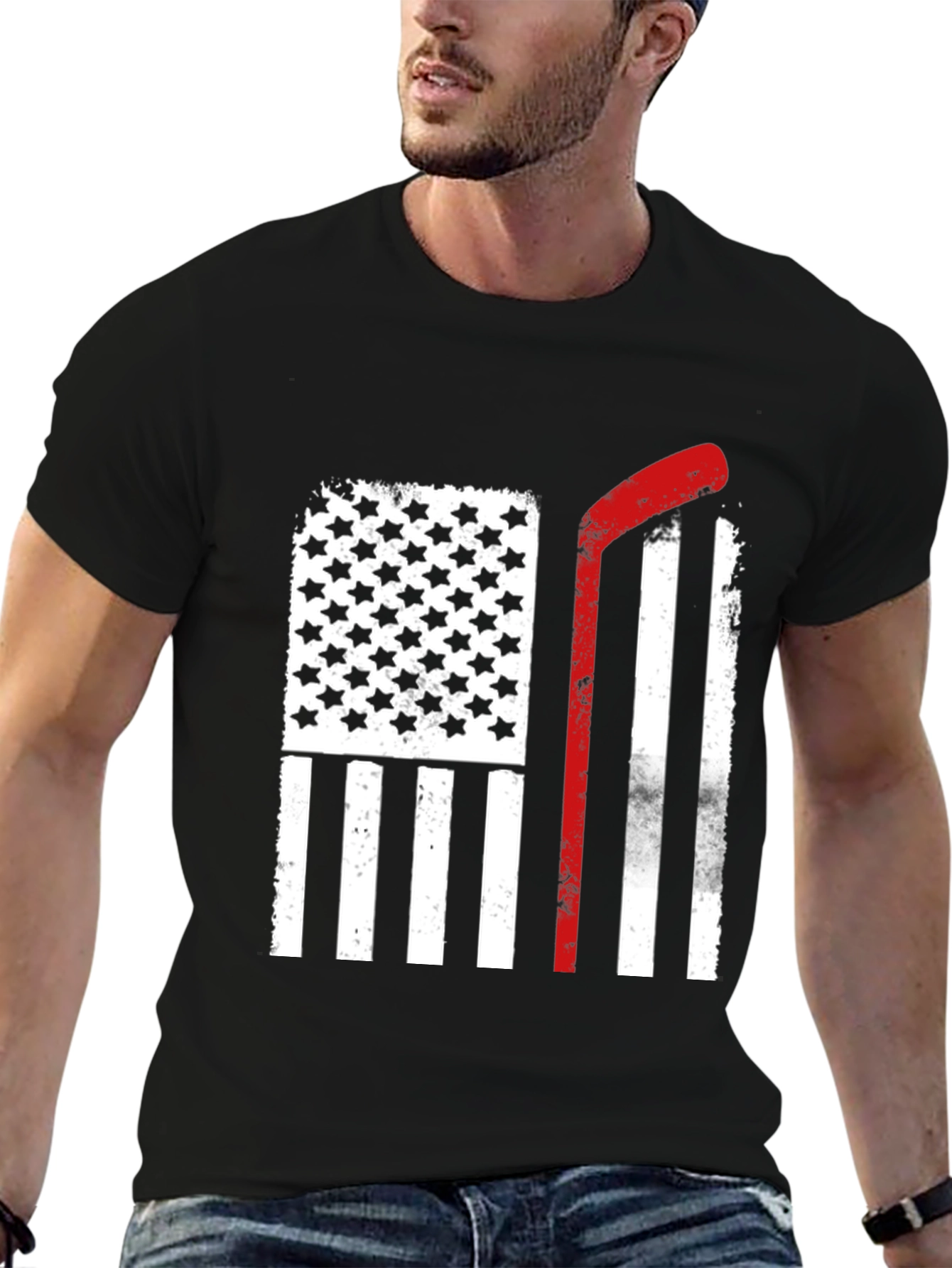 Black USA Hockey Stick Flag T-Shirt view 6
